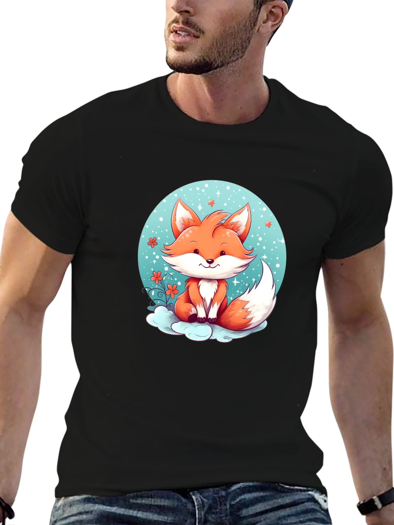 Cute Cartoon Fox Black T-Shirt