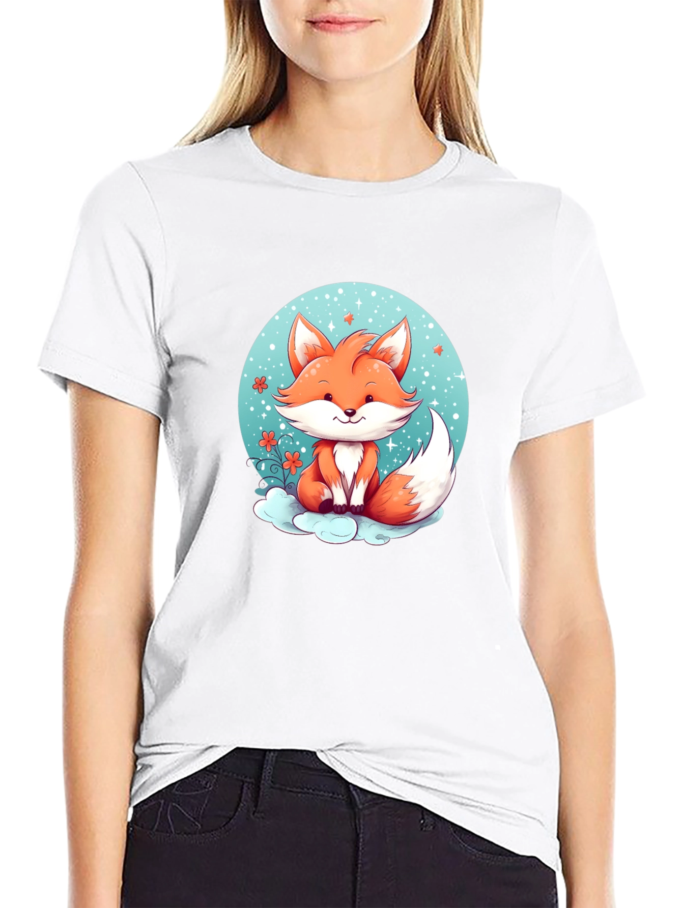 Cute Cartoon Fox Black T-Shirt