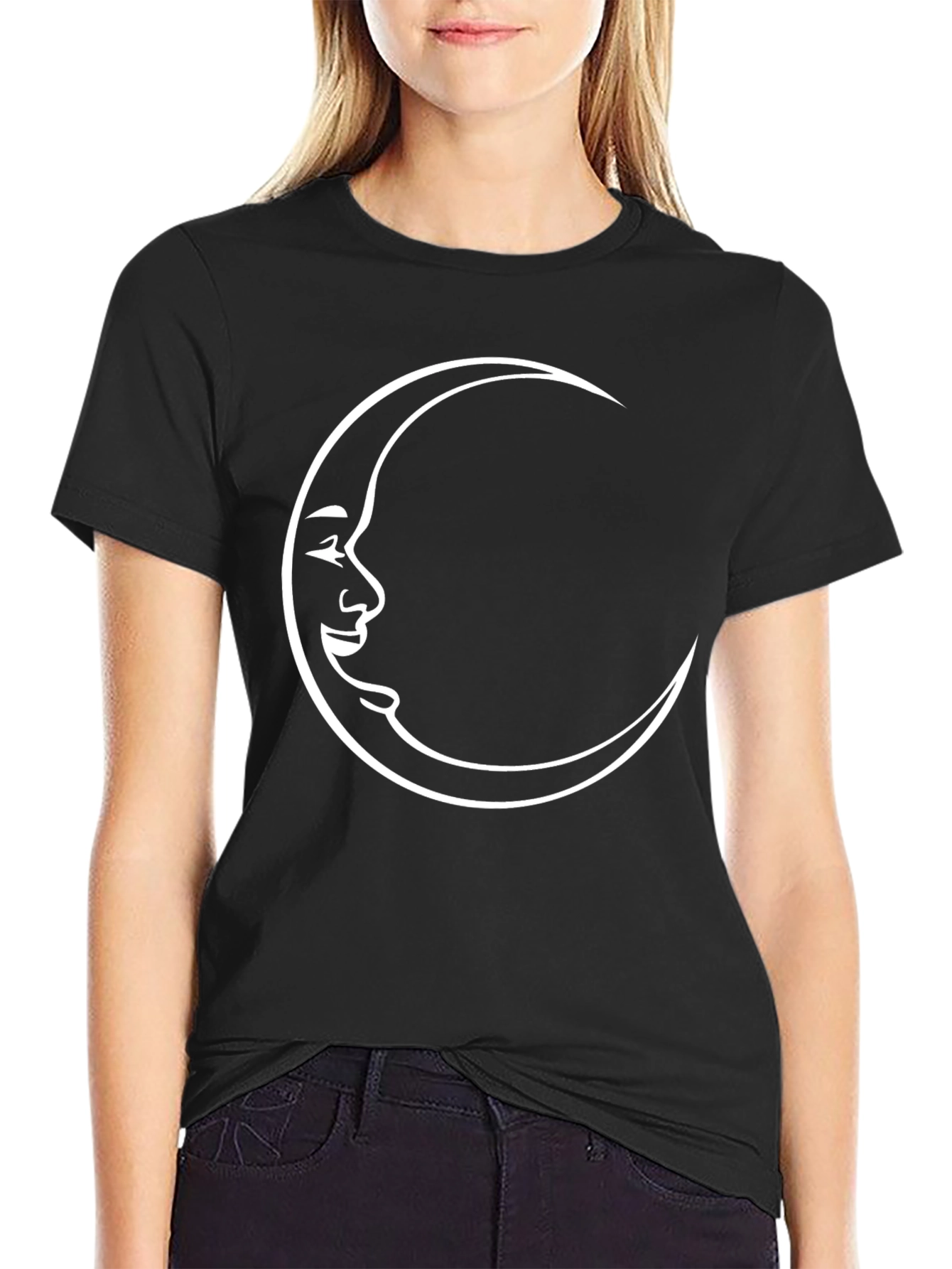 Crescent Moon Face Graphic T-Shirt - Black Cotton