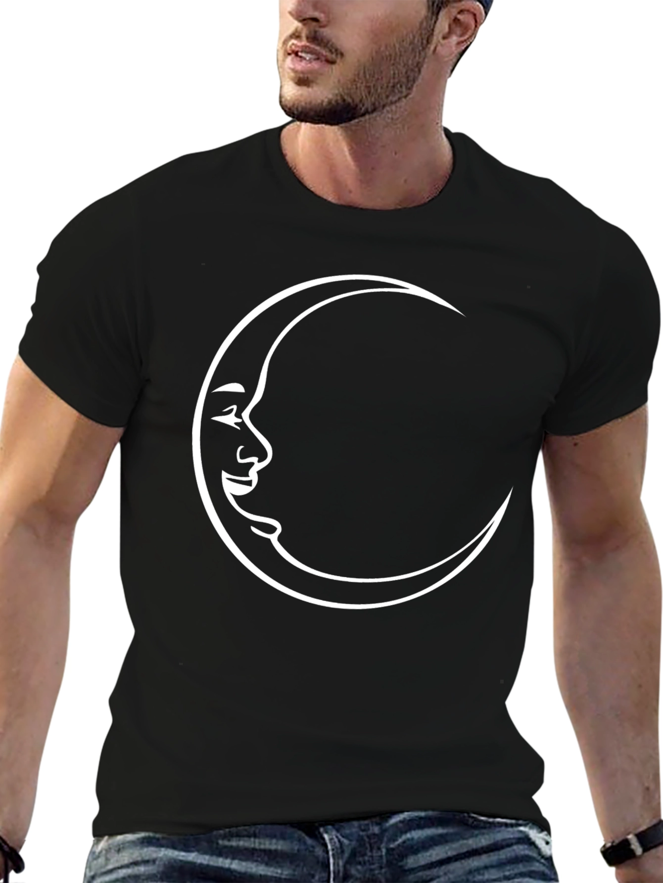 Crescent Moon Face Graphic T-Shirt - Black Cotton
