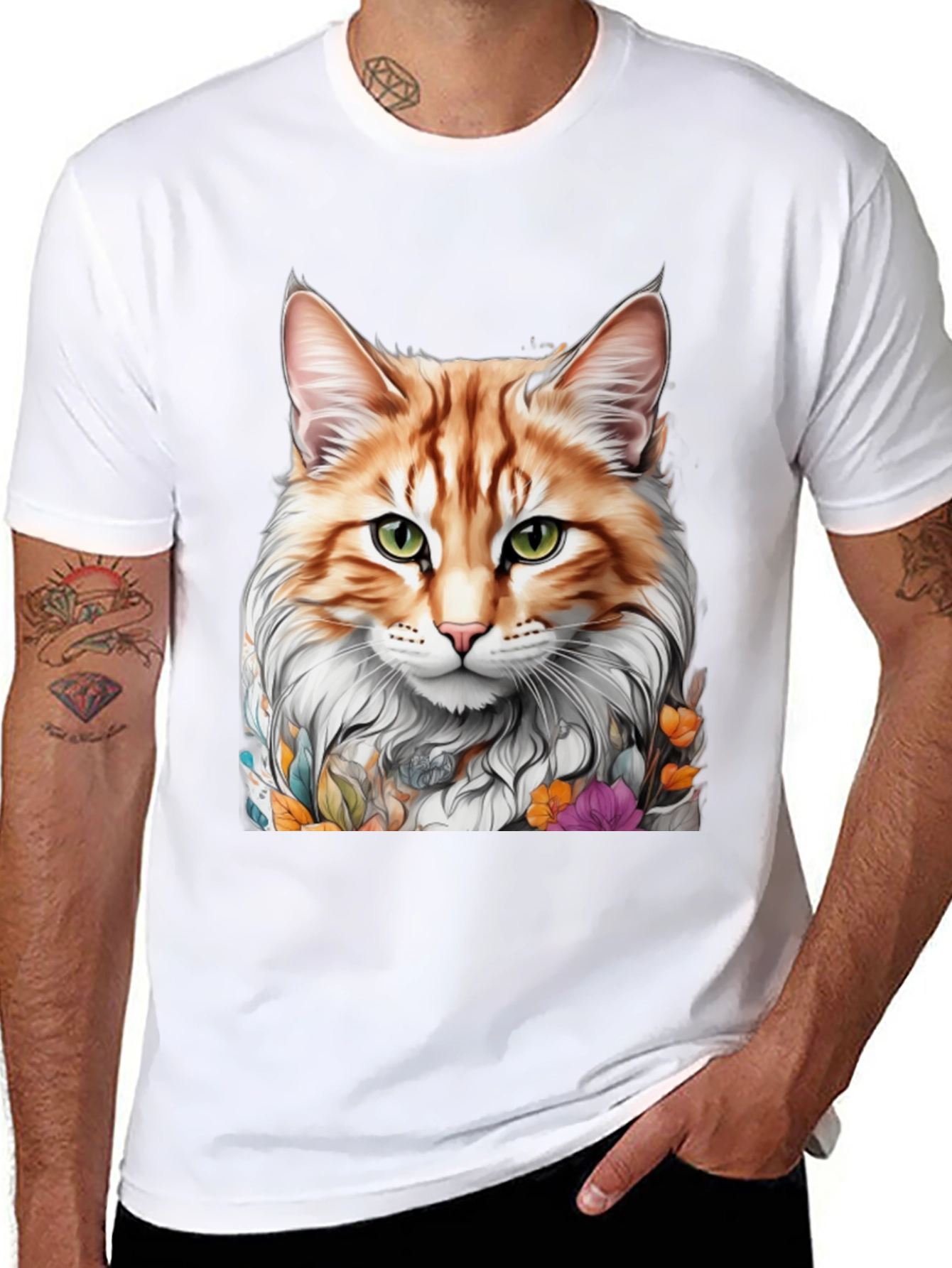 Cat Portrait T-Shirt - Whimsical Floral Feline