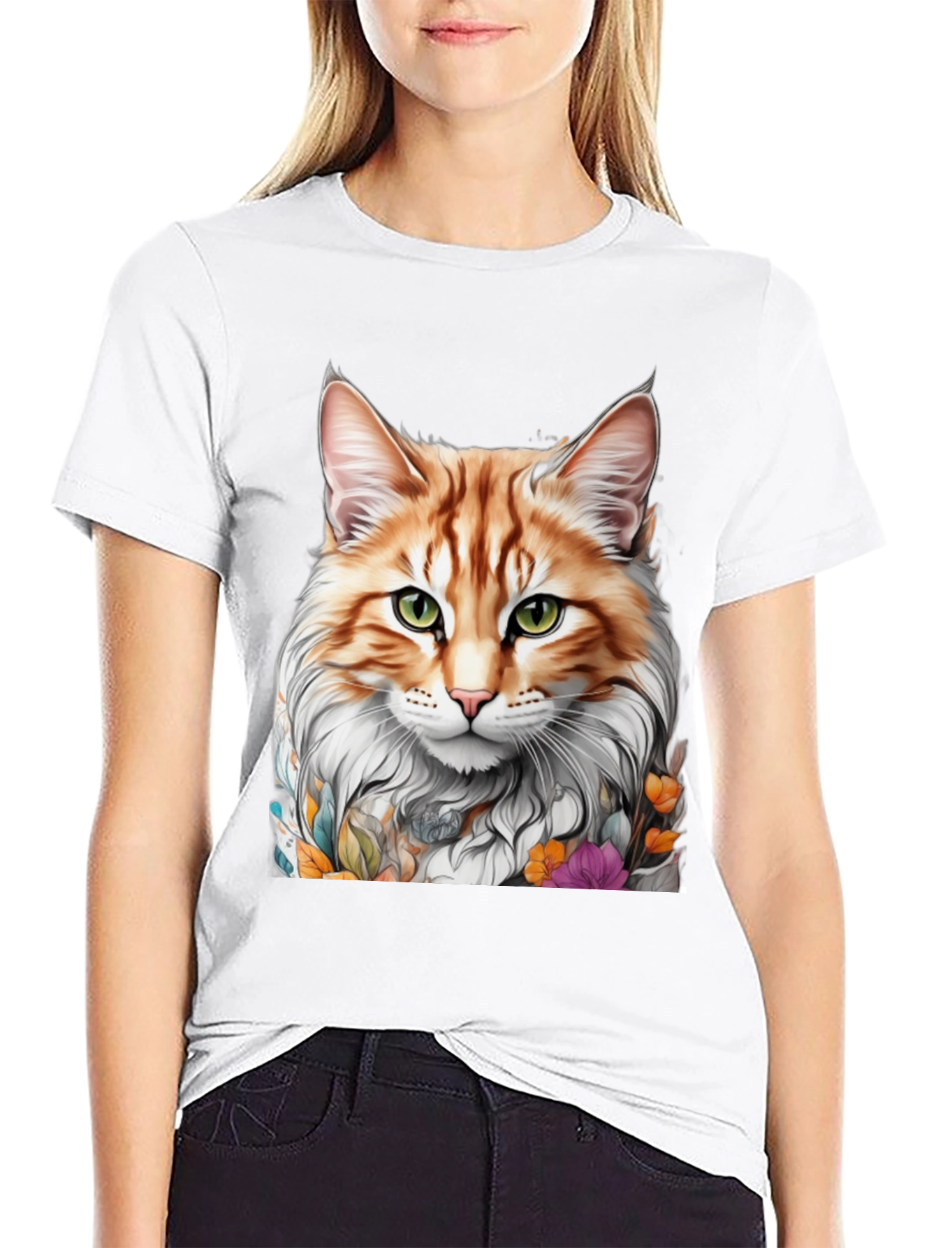 Cat Portrait T-Shirt - Whimsical Floral Feline