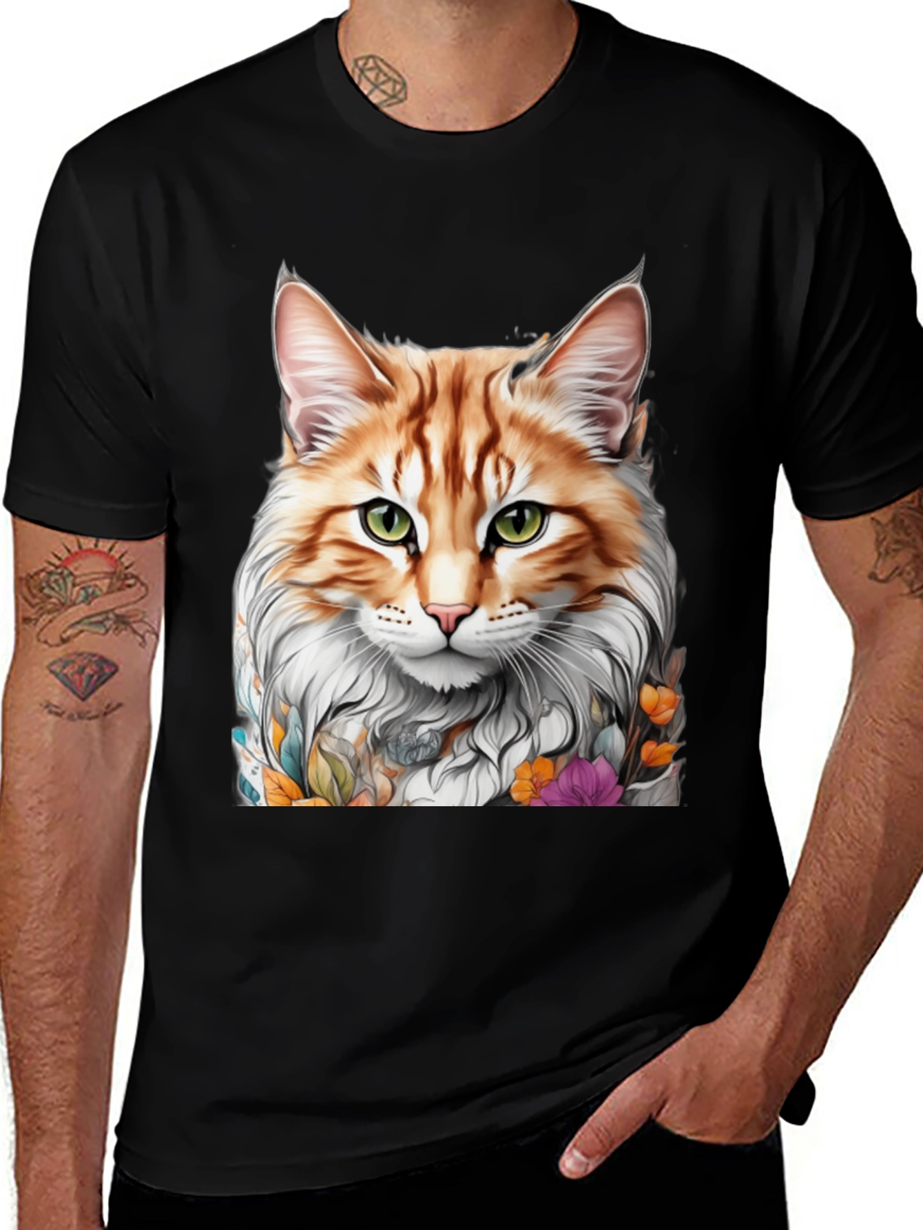 Cat Portrait T-Shirt - Whimsical Floral Feline