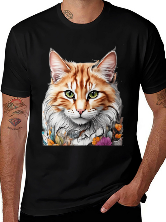 Cat Portrait T-Shirt - Whimsical Floral Feline