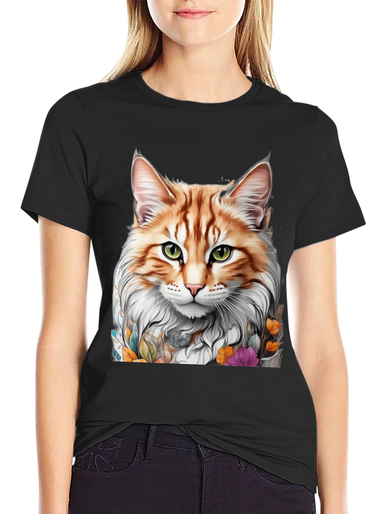 Cat Portrait T-Shirt - Whimsical Floral Feline