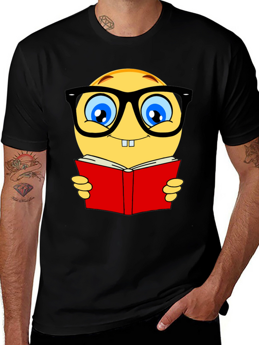 Nerdy Emoji Reading Book T-Shirt - Black Cotton Tee