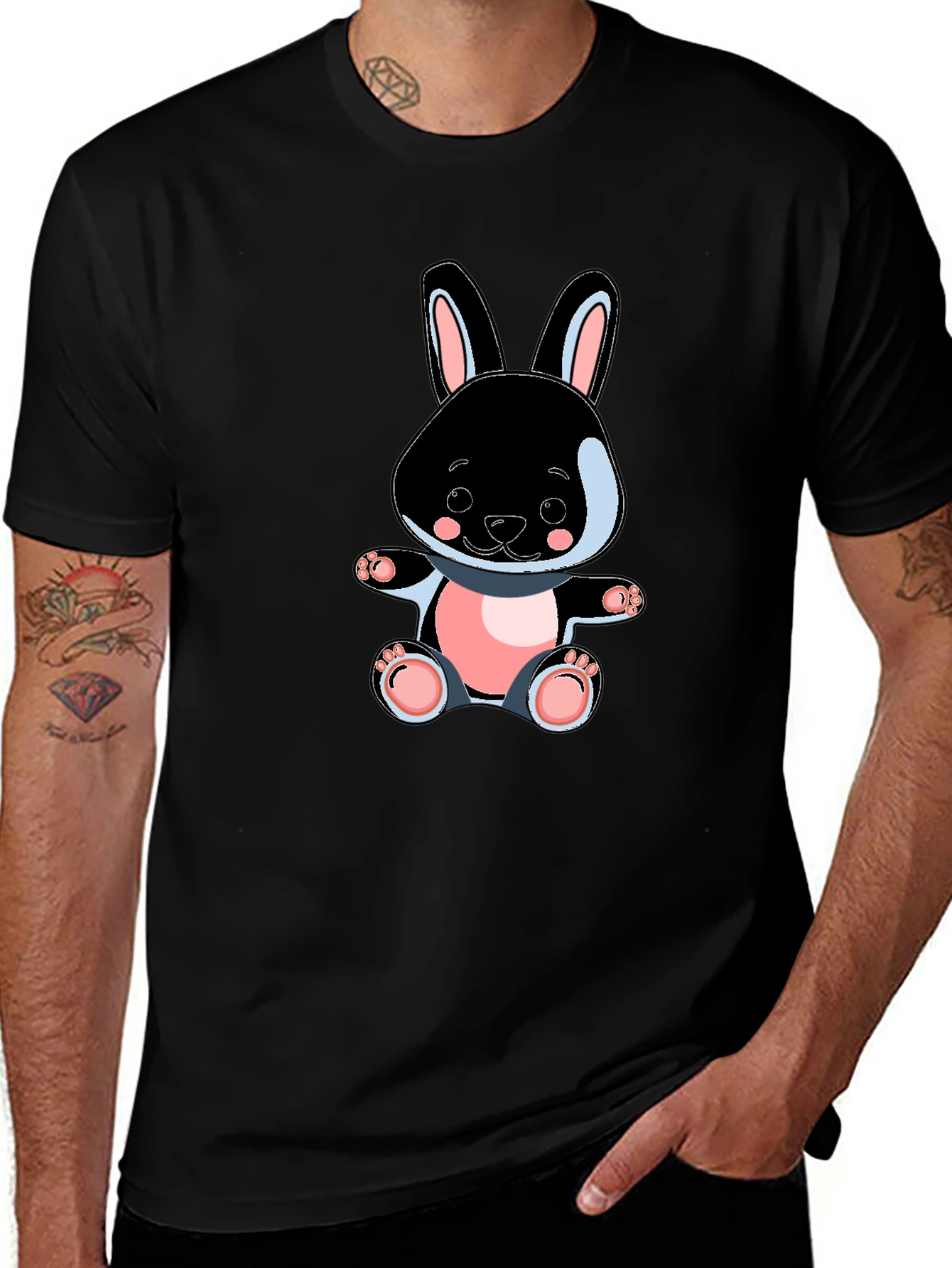 Cute Bunny Graphic Tee - Black Cotton Blend