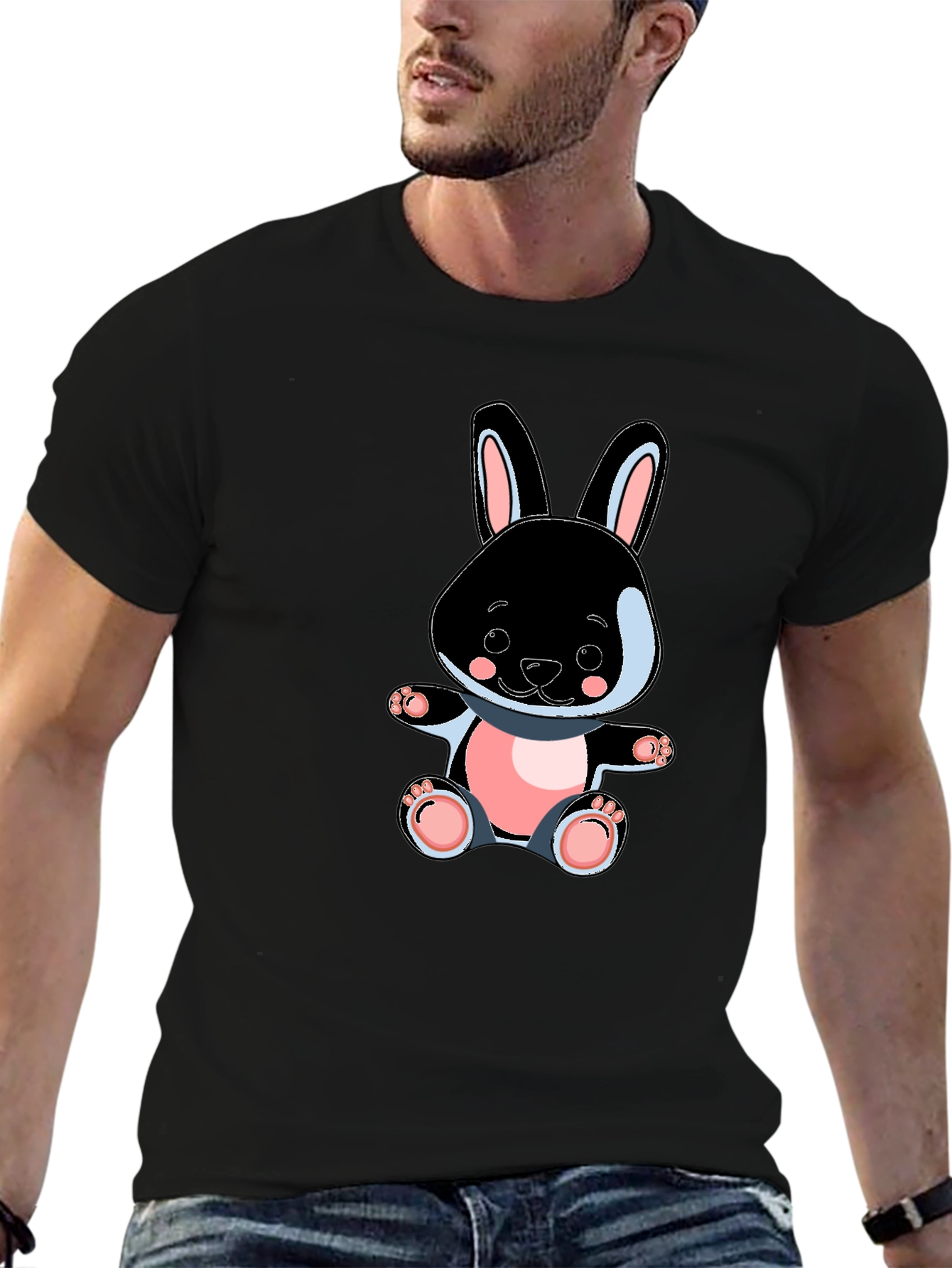 Cute Bunny Graphic Tee - Black Cotton Blend