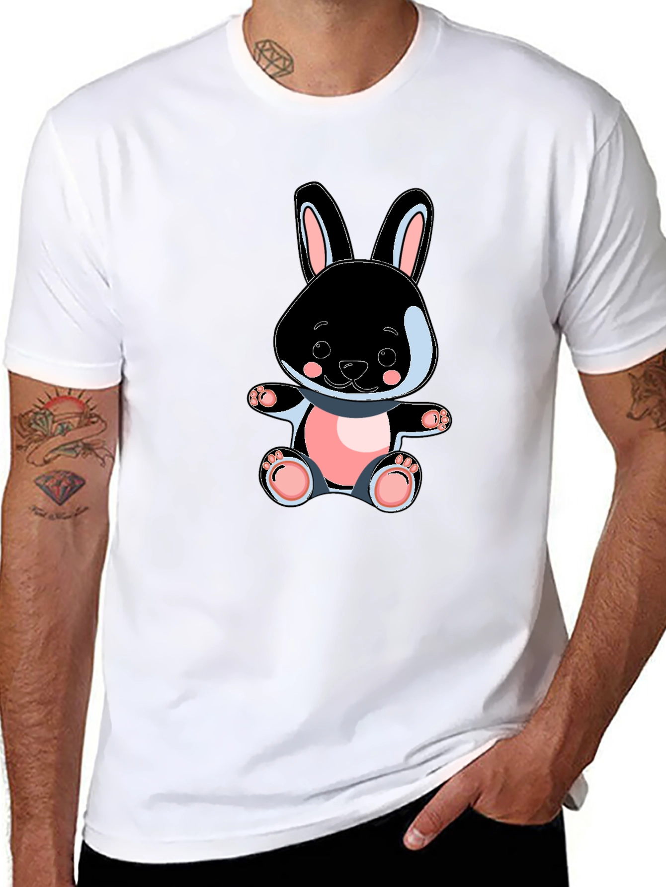 Cute Bunny Graphic Tee - Black Cotton Blend
