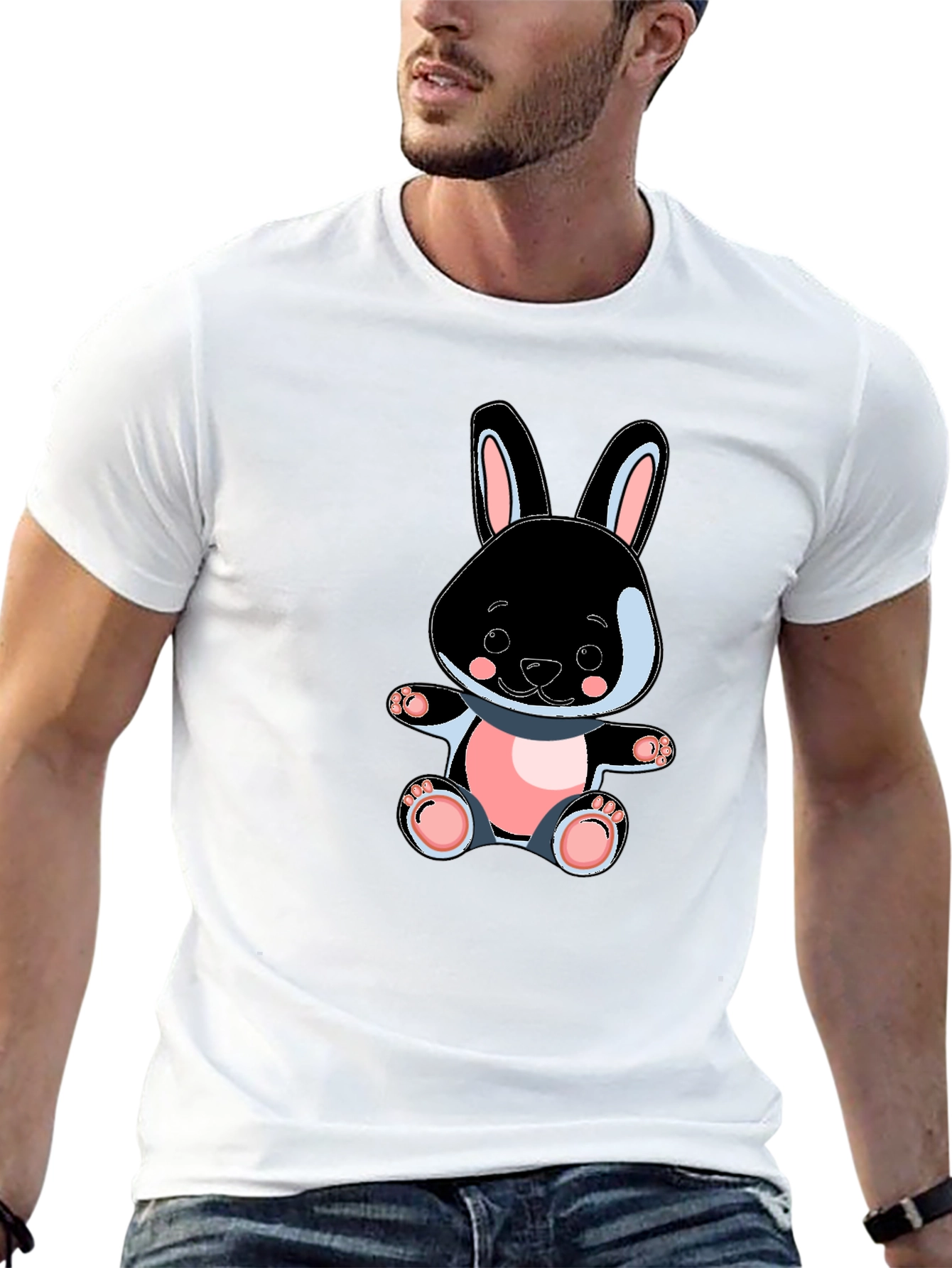 Cute Bunny Graphic Tee - Black Cotton Blend