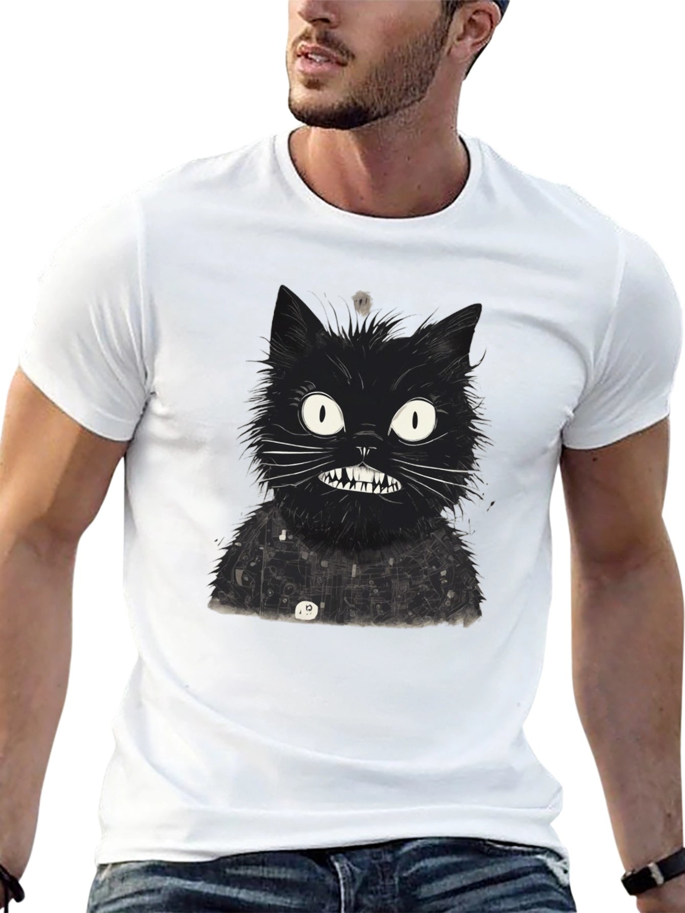 Mens Black Cat Graphic Tee - Quirky Print