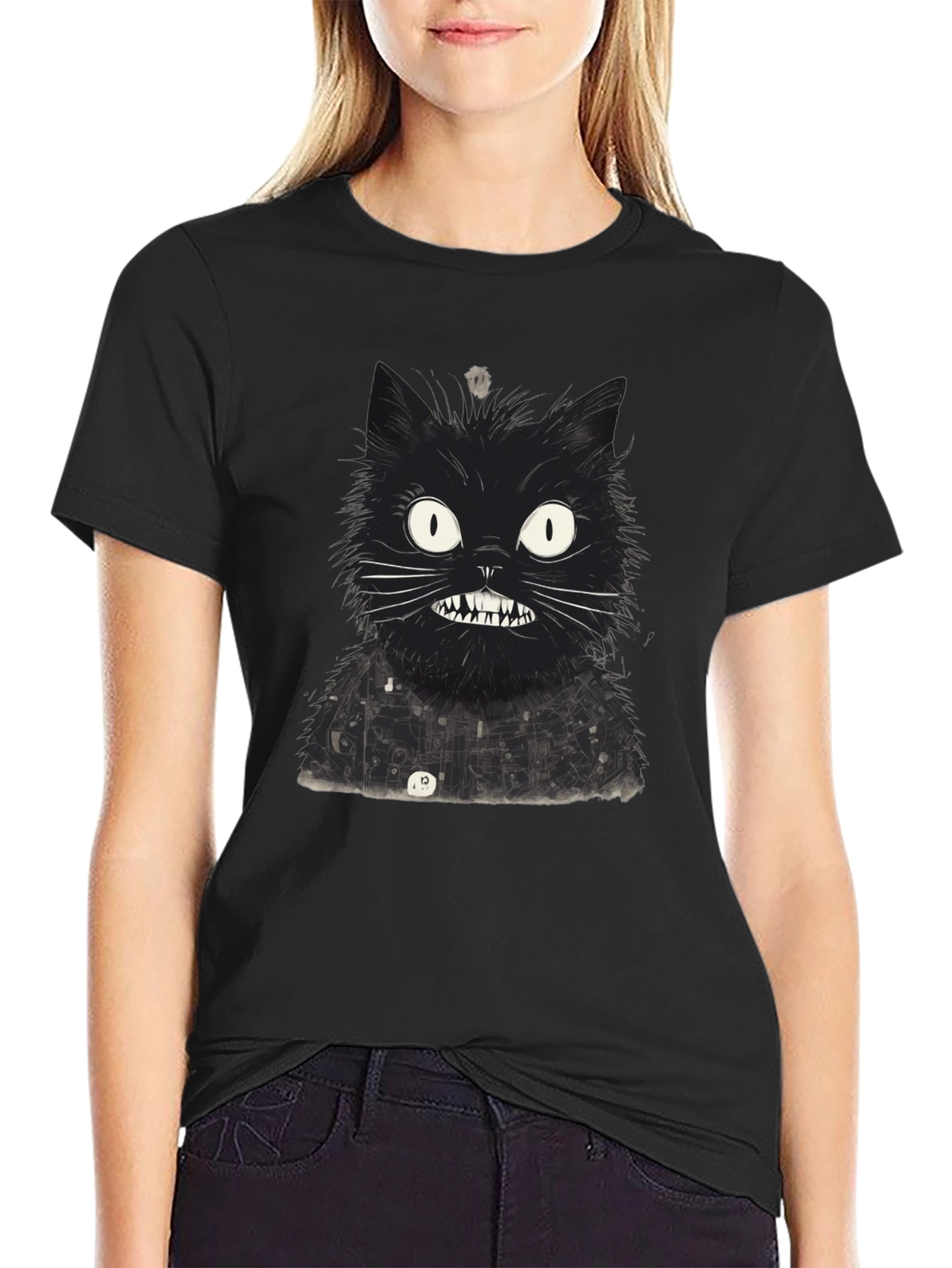 Mens Black Cat Graphic Tee - Quirky Print