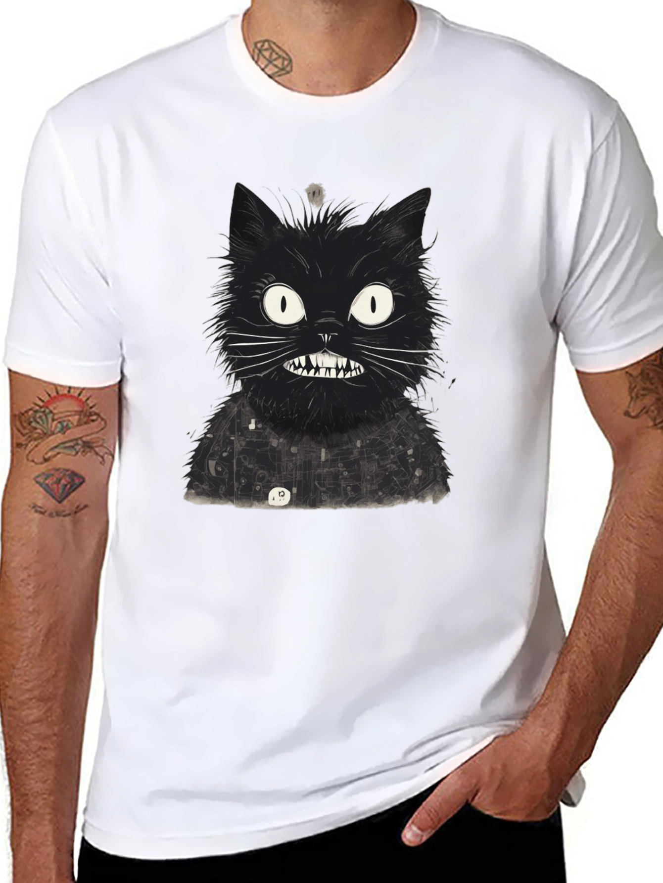 Mens Black Cat Graphic Tee - Quirky Print
