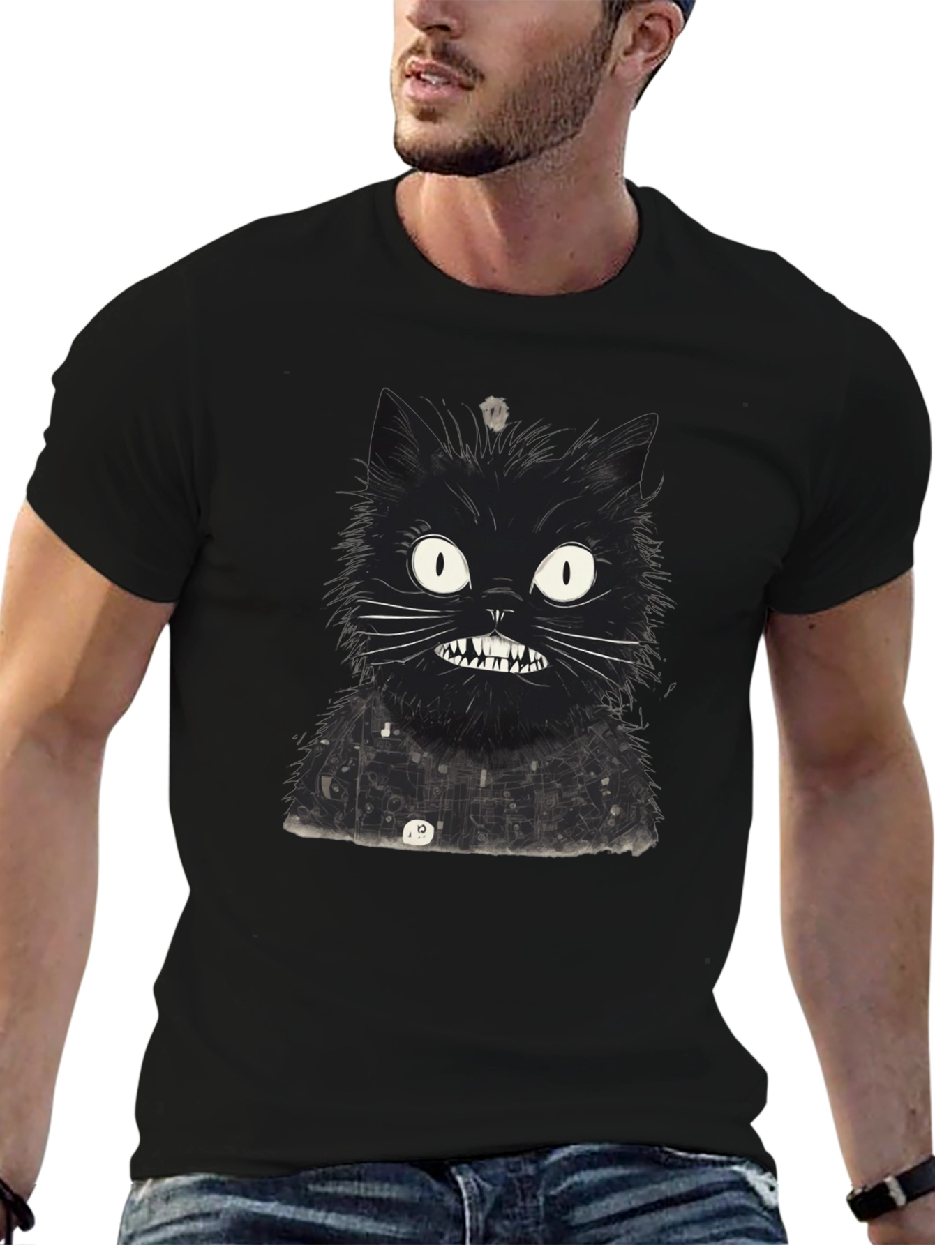 Mens Black Cat Graphic Tee - Quirky Print