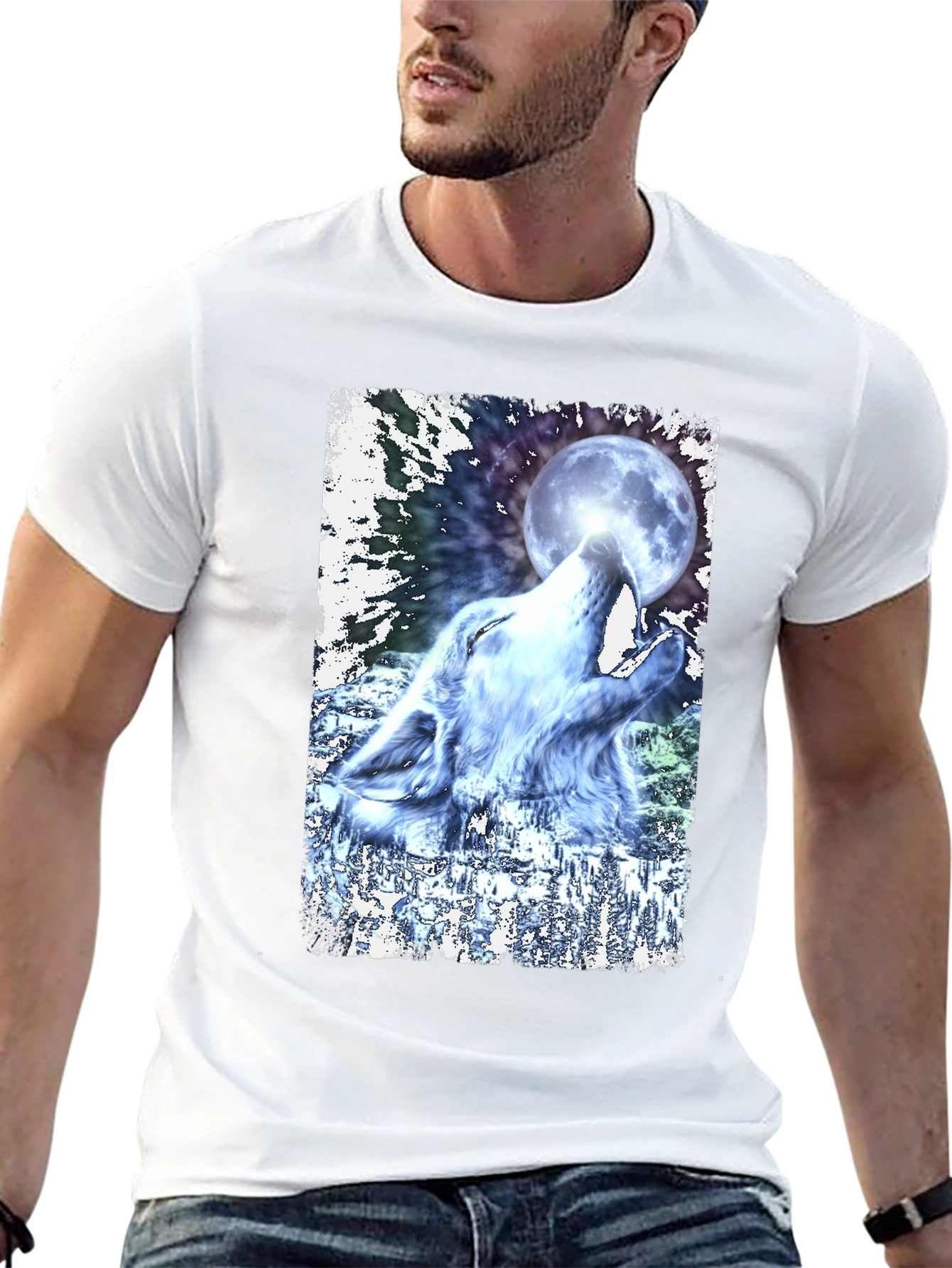 Wolf Howling at Moon Graphic Black T-Shirt