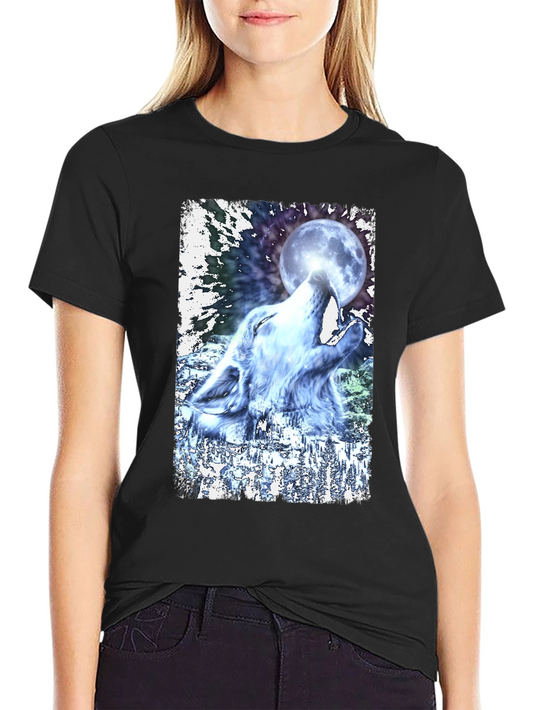 Wolf Howling at Moon Graphic Black T-Shirt