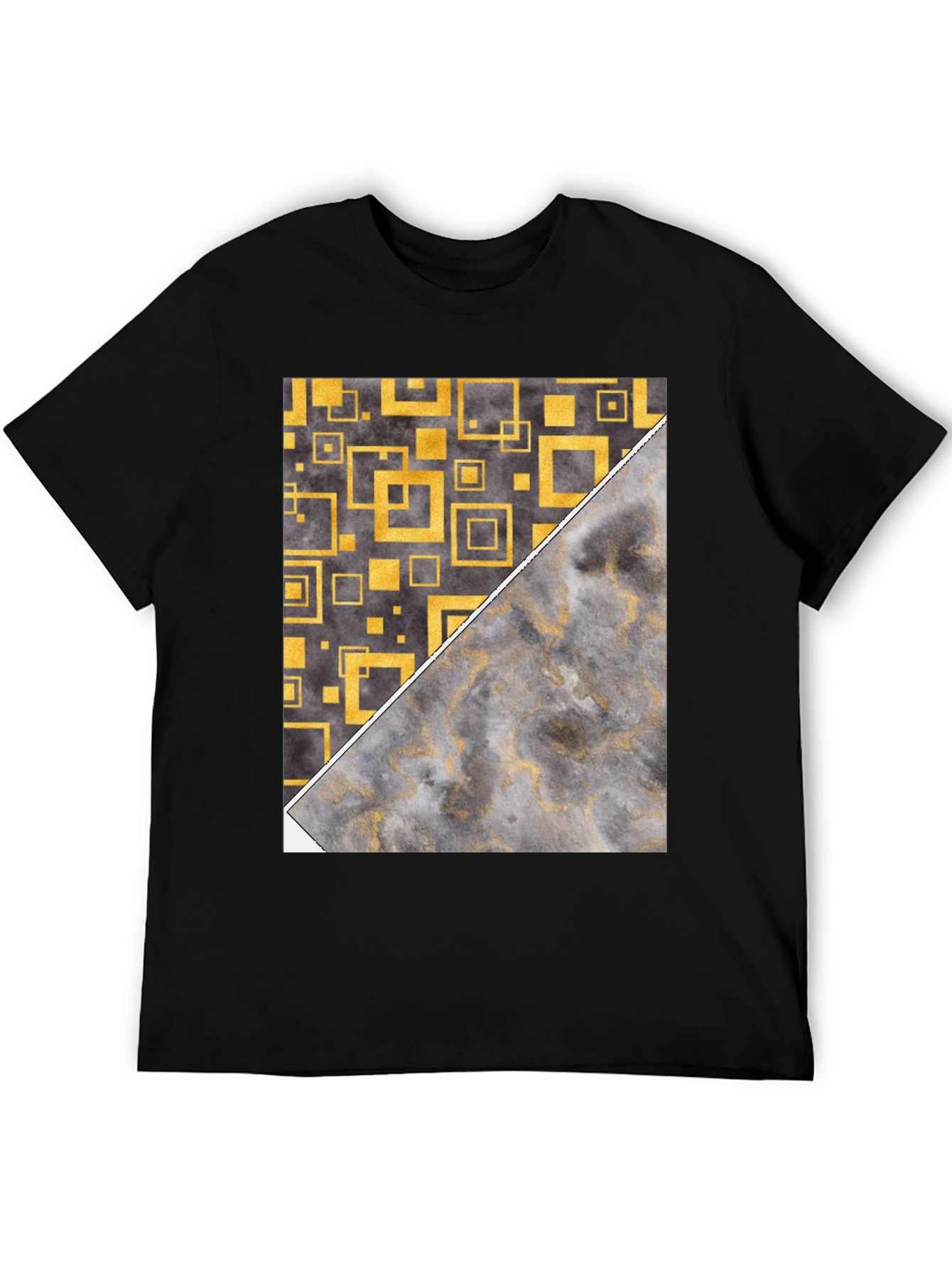 Geometric Gold & Marble Print Black T-Shirt