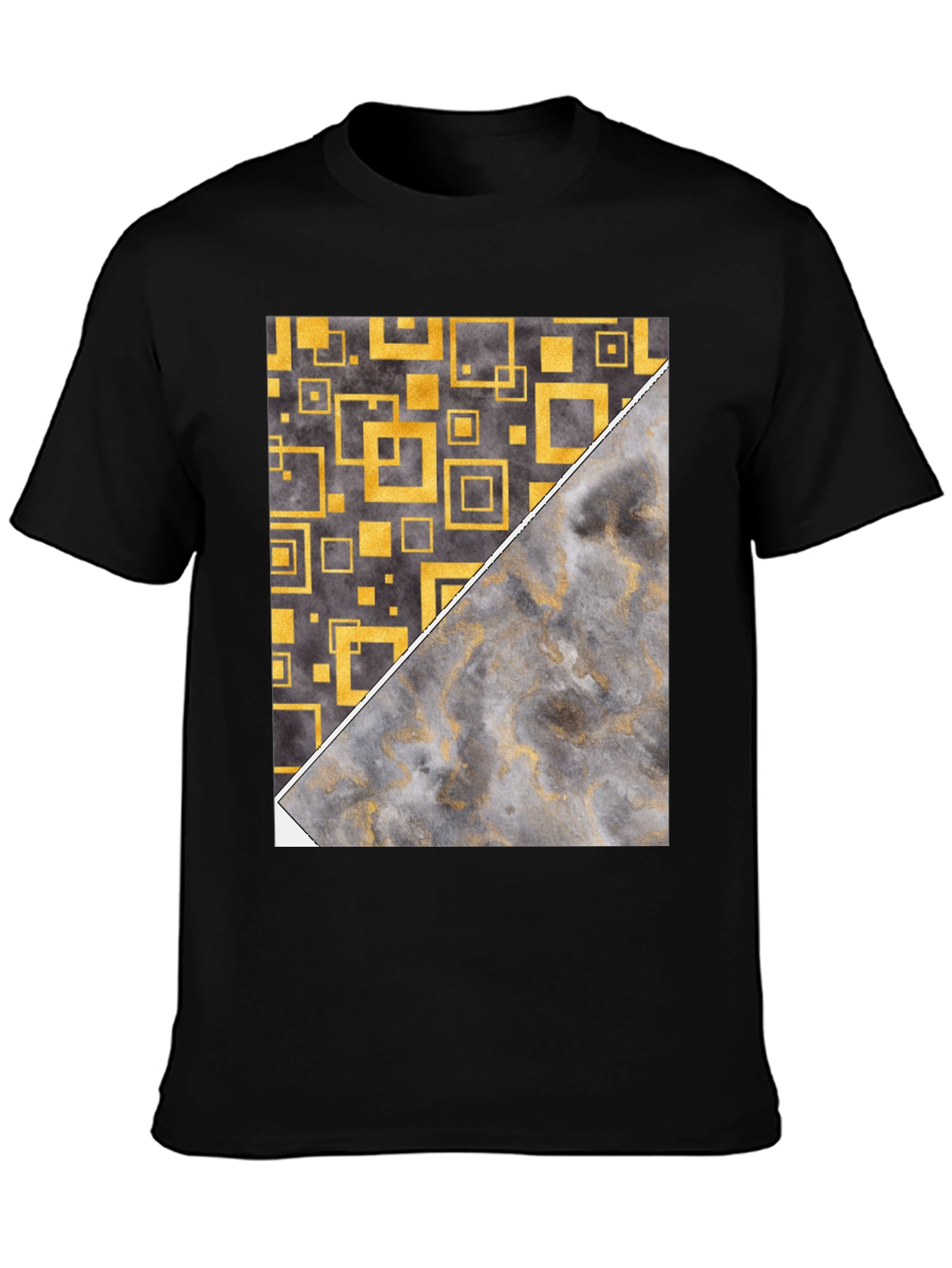 Geometric Gold & Marble Print Black T-Shirt