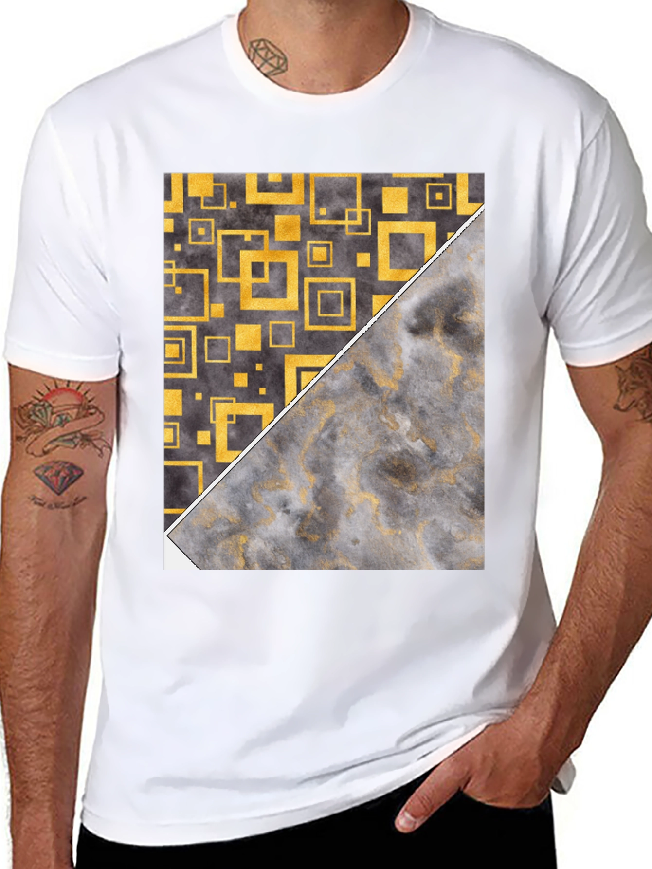 Geometric Gold & Marble Print Black T-Shirt