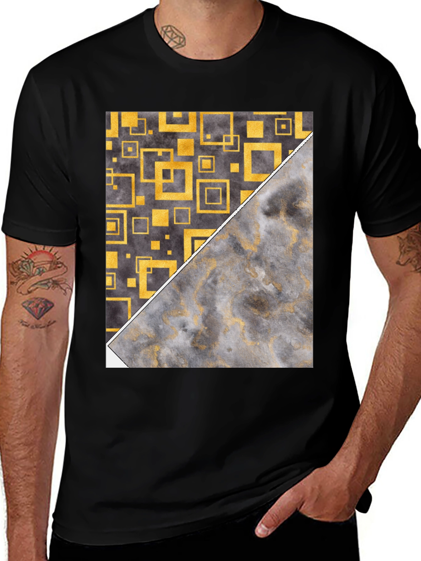 Geometric Gold & Marble Print Black T-Shirt