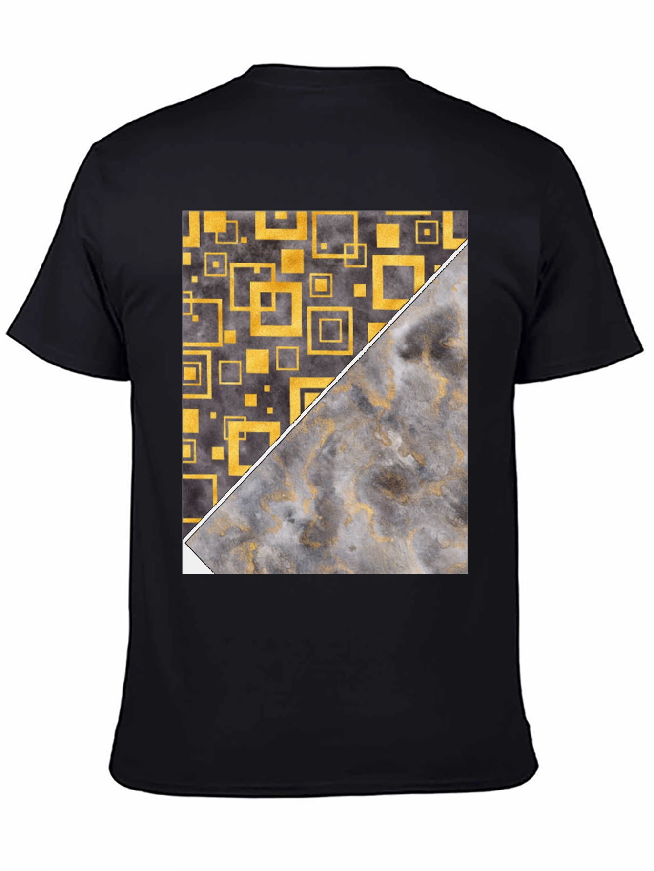 Geometric Gold & Marble Print Black T-Shirt