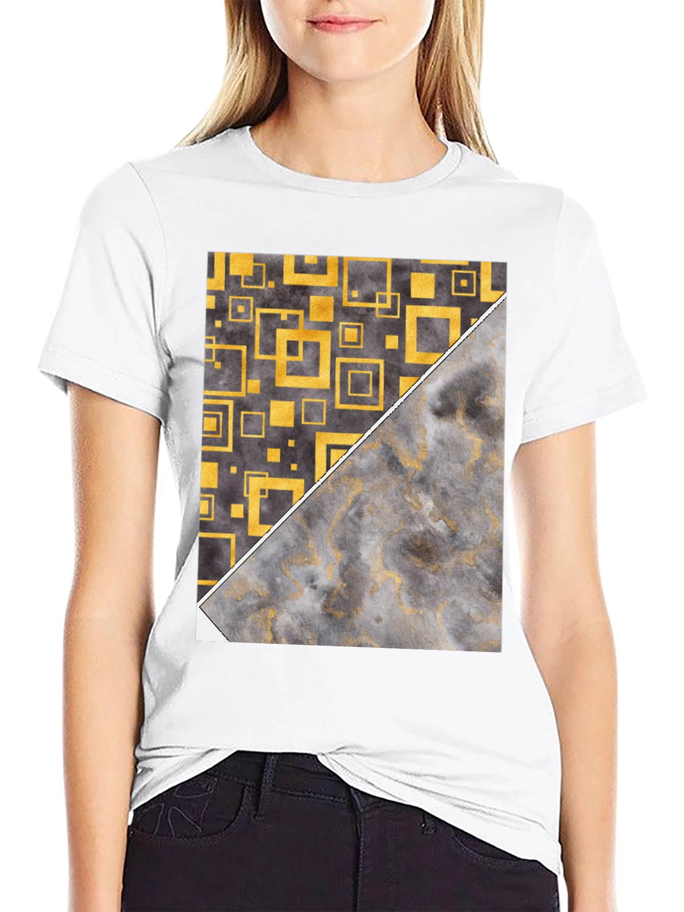 Geometric Gold & Marble Print Black T-Shirt