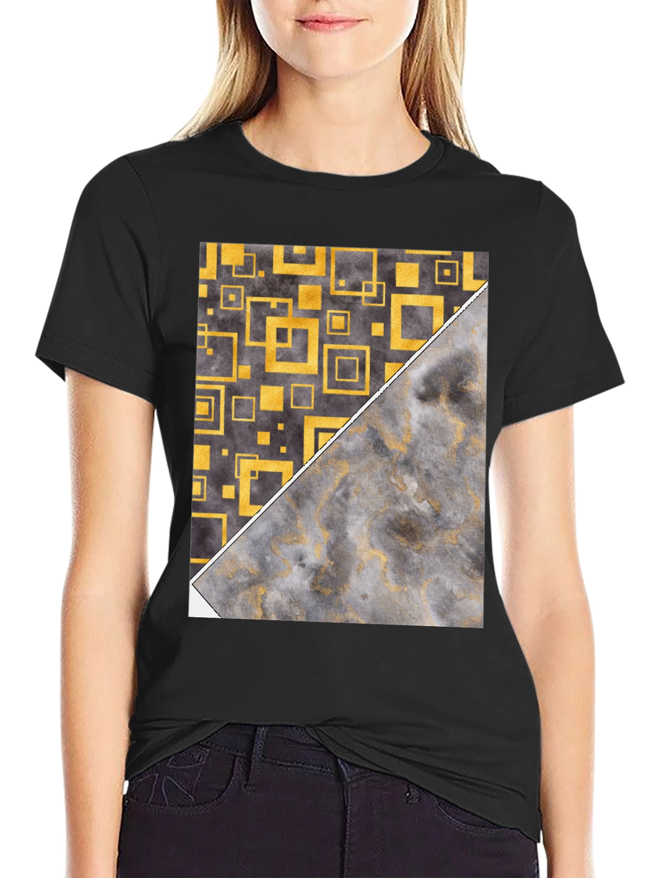 Geometric Gold & Marble Print Black T-Shirt