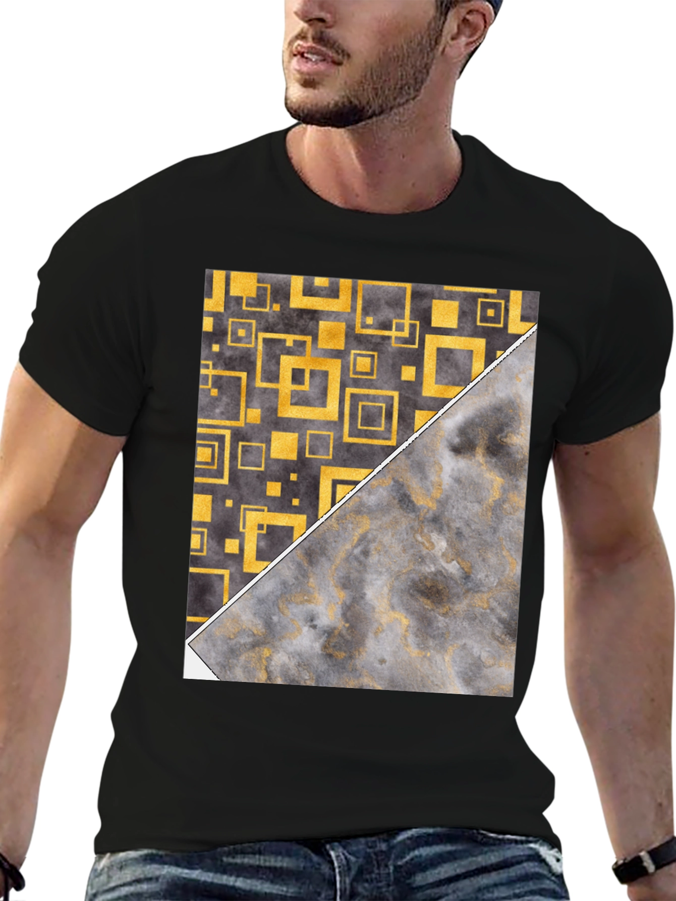 Geometric Gold & Marble Print Black T-Shirt