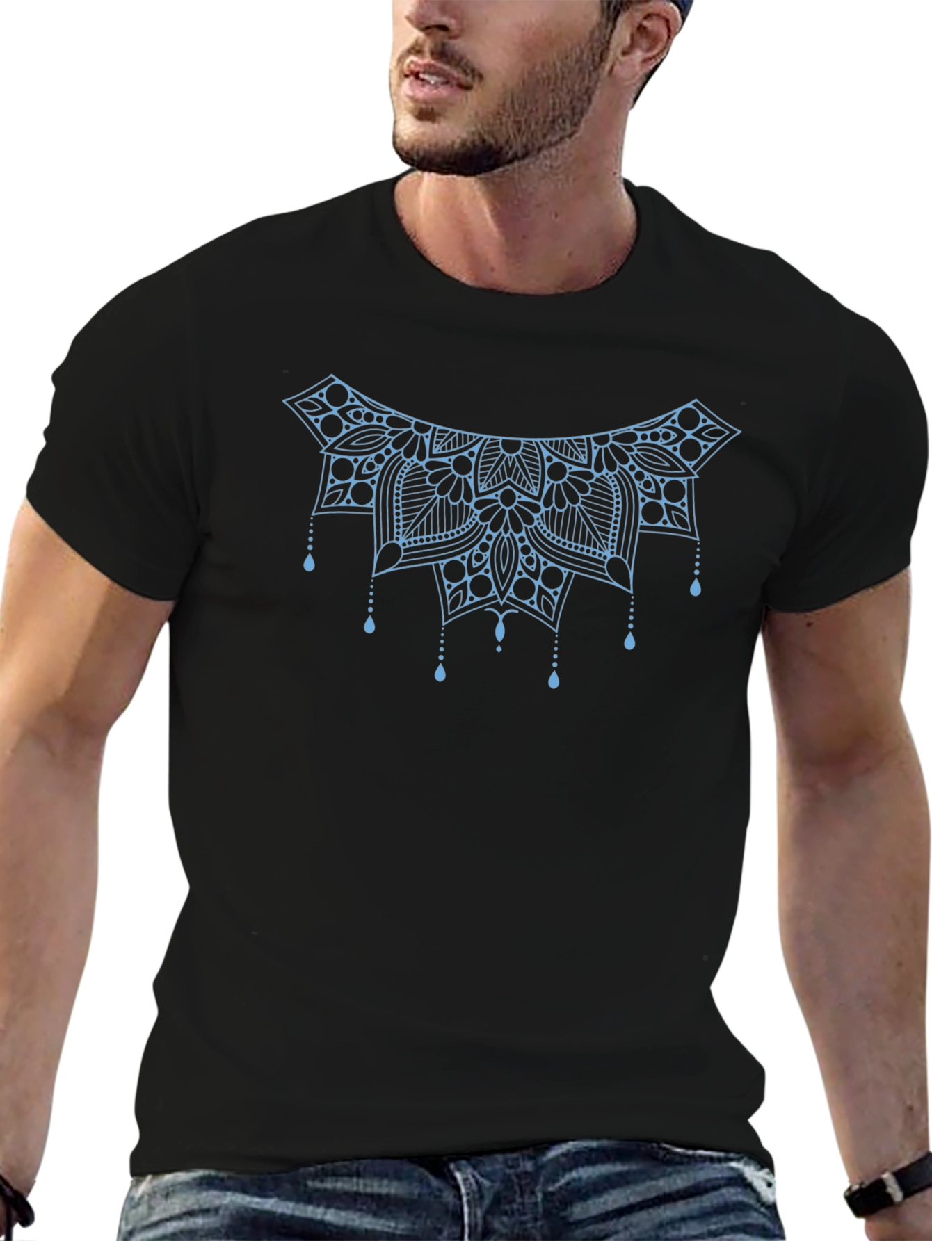 Stylish Black Tee with Light Blue Mandala Design