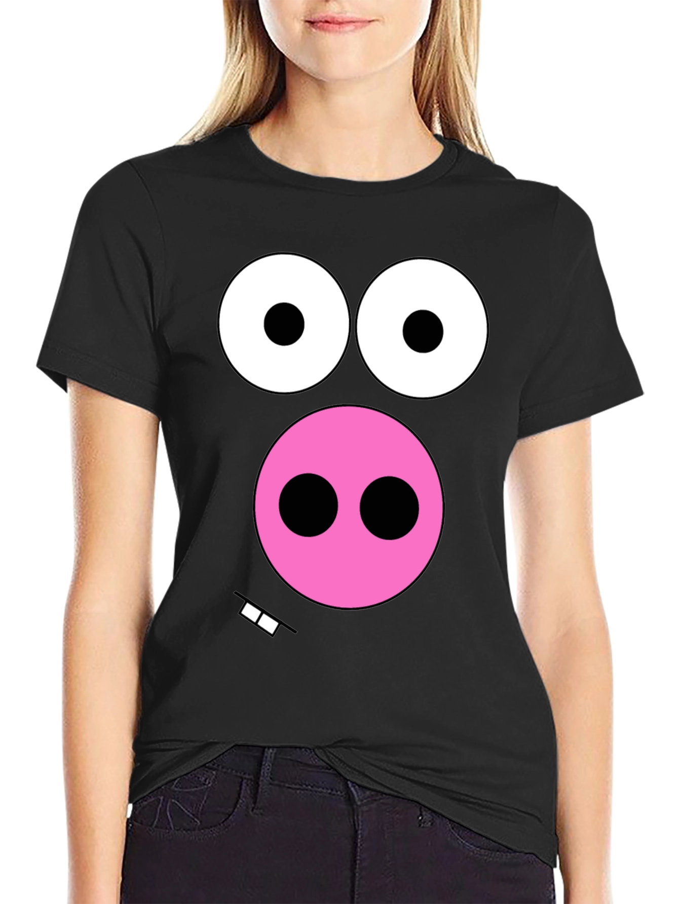 Funny Pig Face Graphic Tee - Black Cotton T-Shirt
