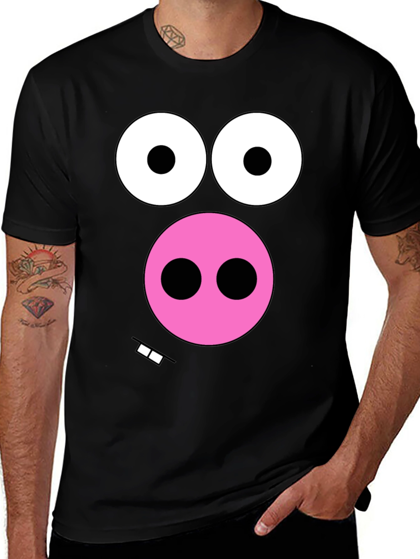 Funny Pig Face Graphic Tee - Black Cotton T-Shirt