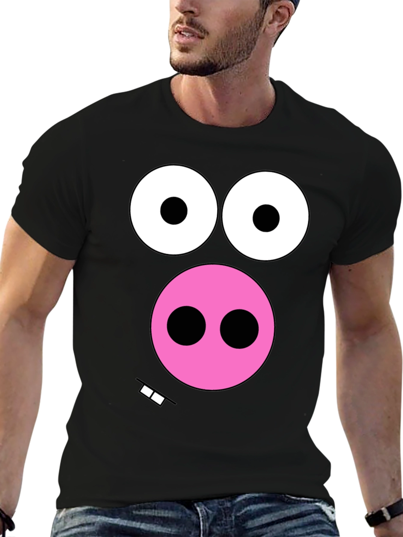 Funny Pig Face Graphic Tee - Black Cotton T-Shirt
