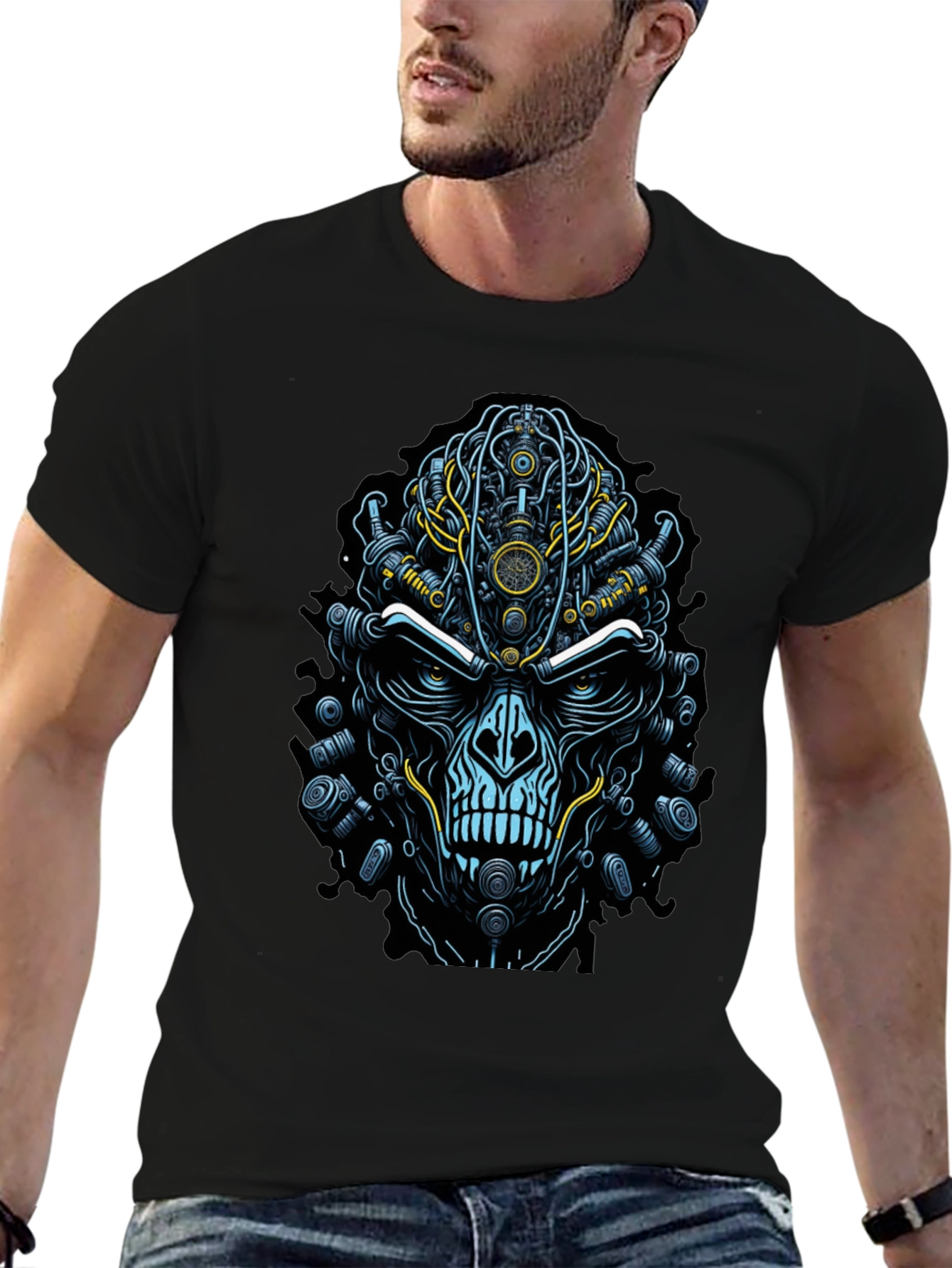 Steampunk Skull Graphic T-Shirt - Edgy Robot Design