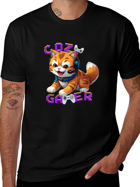 Cozy Gamer Cat Black T-Shirt