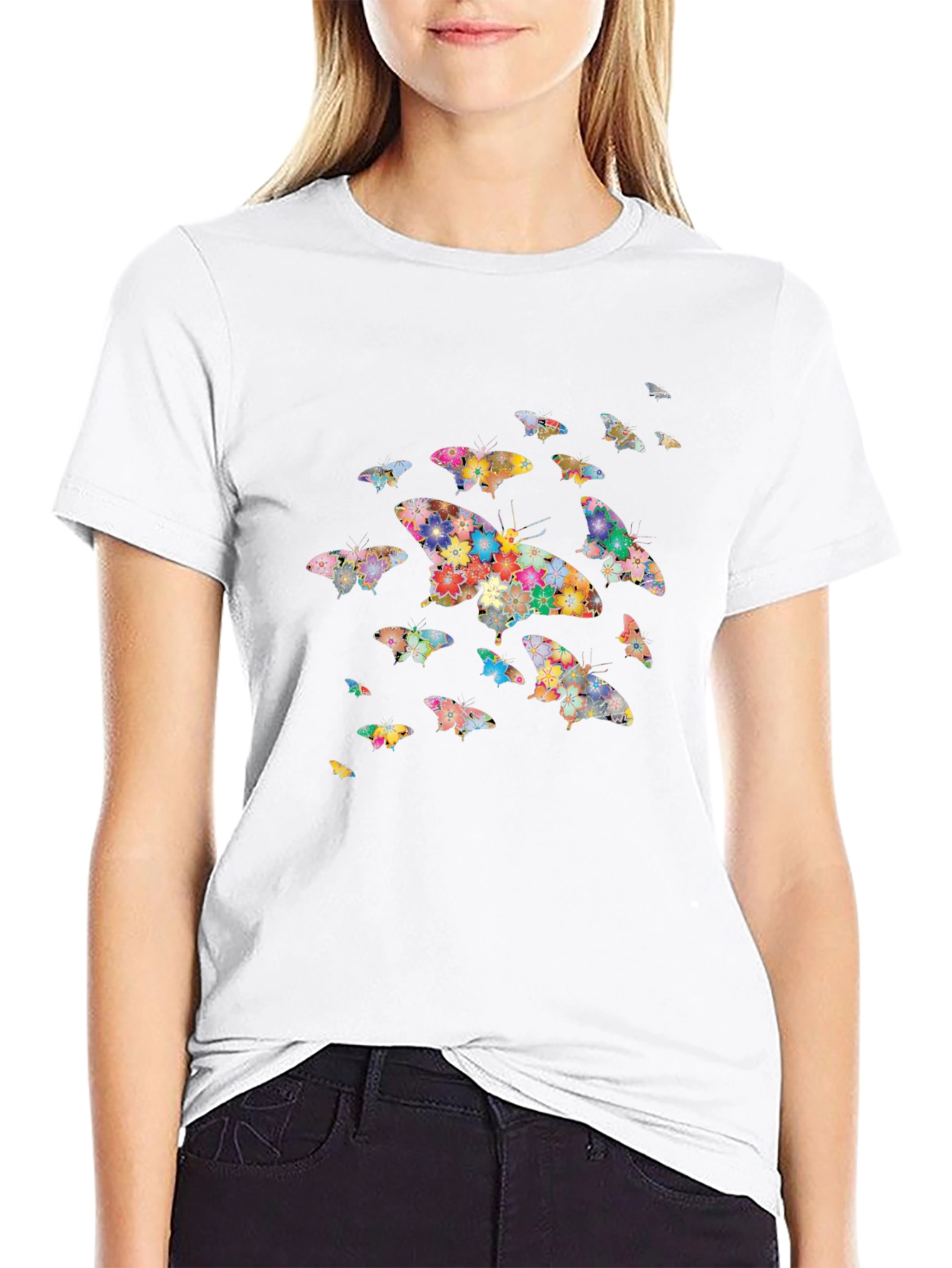 Butterfly Floral Print Black T-Shirt
