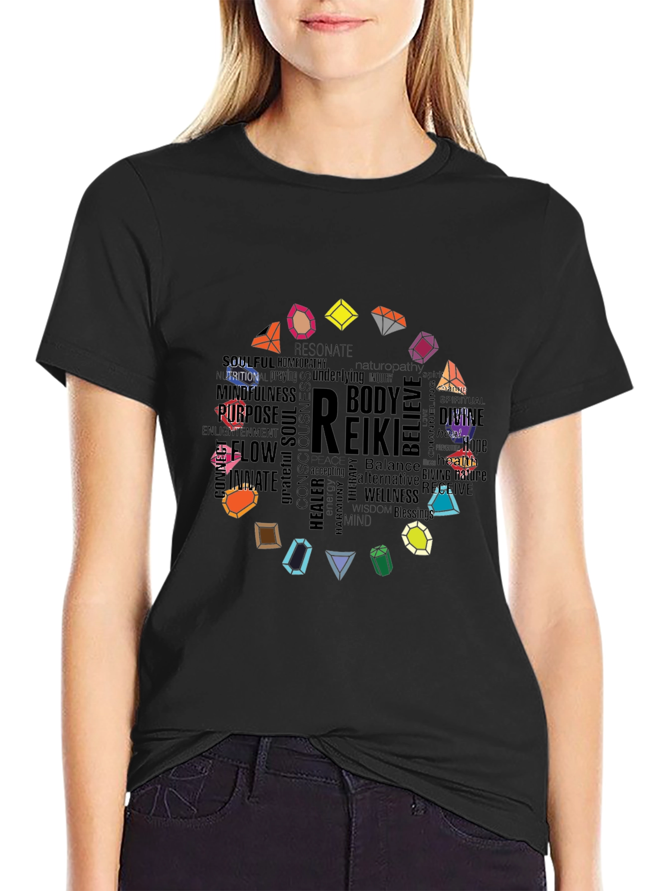 Reiki Word Art Gemstone Black Tee