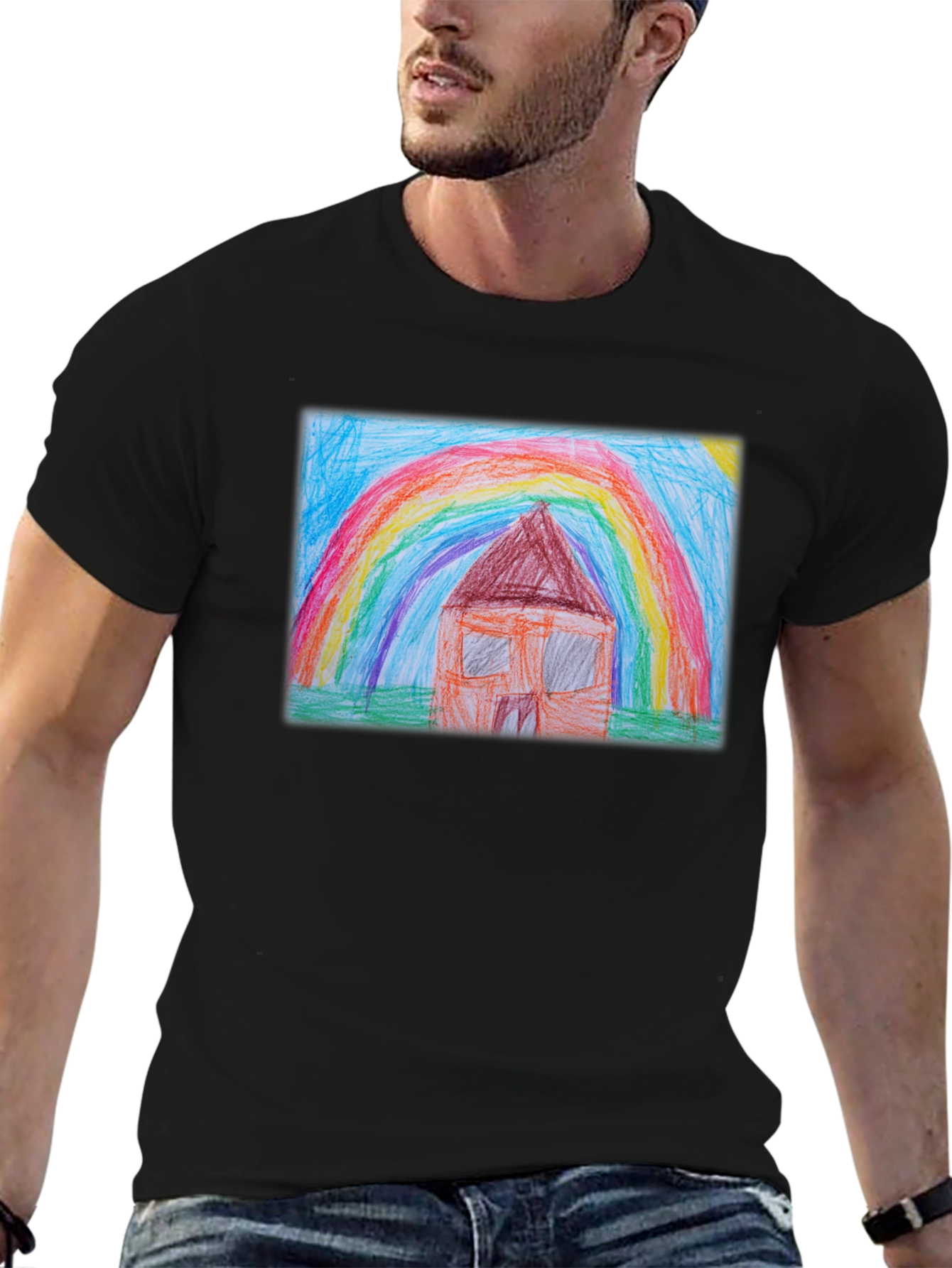Rainbow House Graphic Tee - Black Cotton T-Shirt