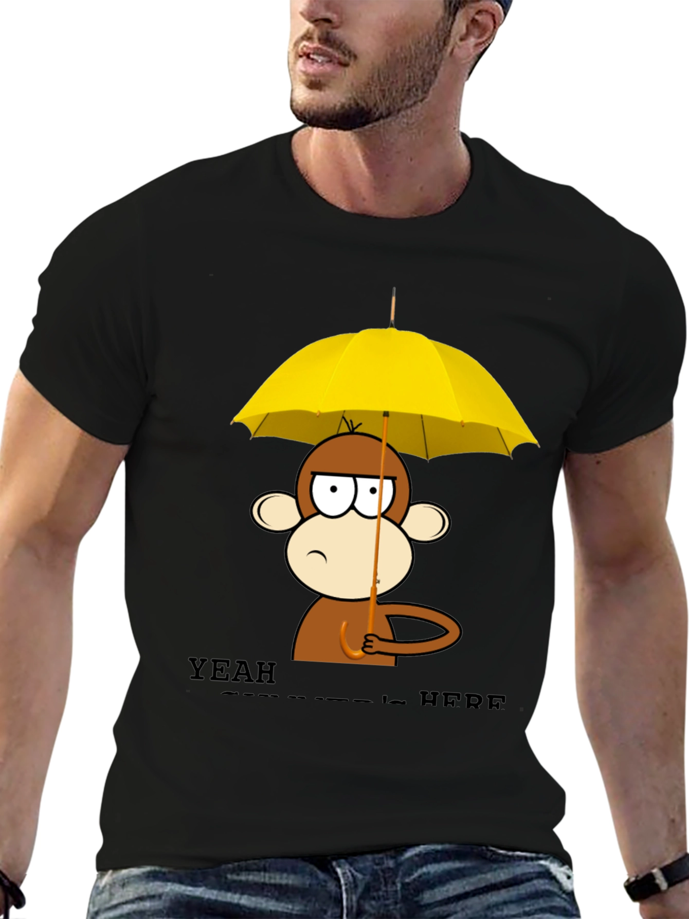 Monkey Under Umbrella Black T-Shirt