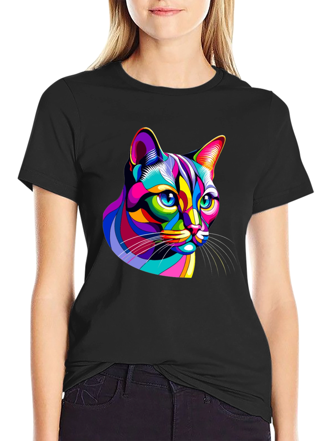 Vibrant Cat Graphic Black T-Shirt