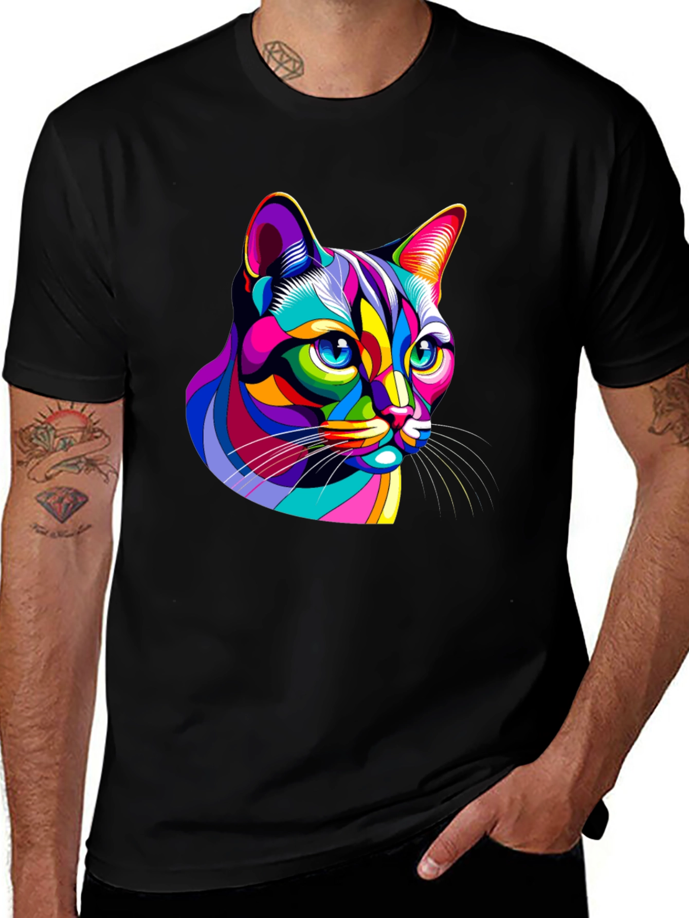 Vibrant Cat Graphic Black T-Shirt