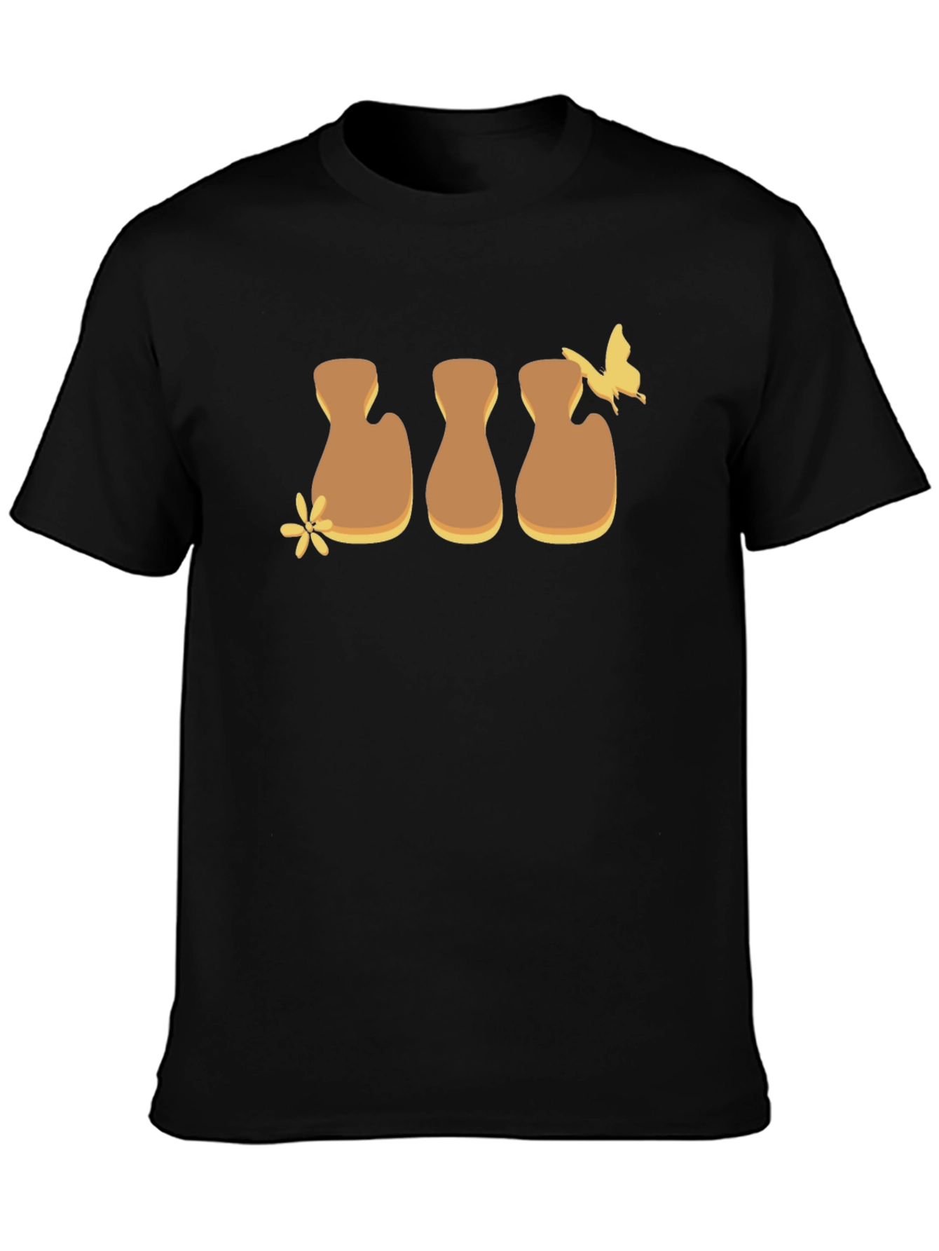 Brown Flower and Butterfly Graphic Black T-Shirt