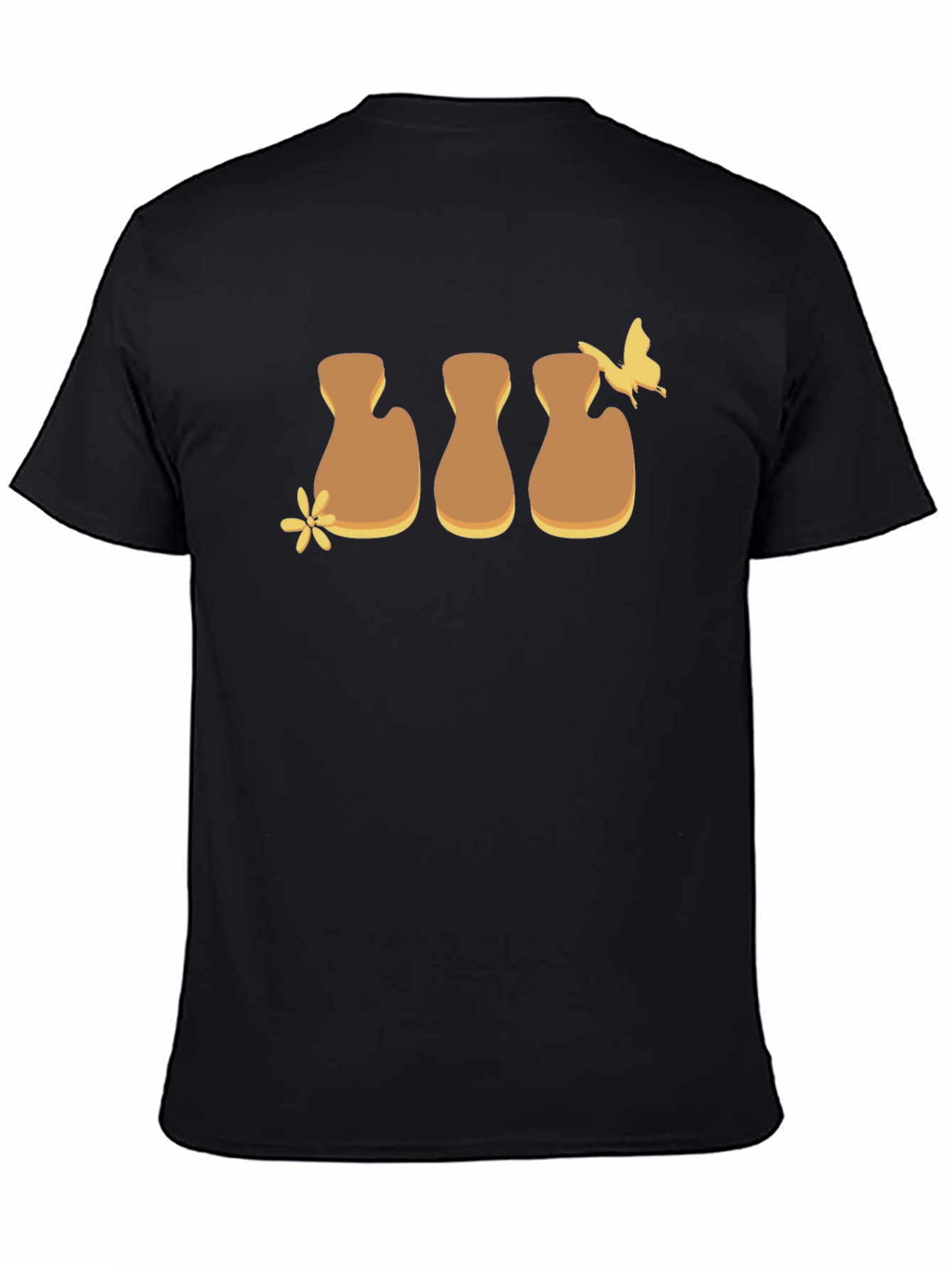 Brown Flower and Butterfly Graphic Black T-Shirt
