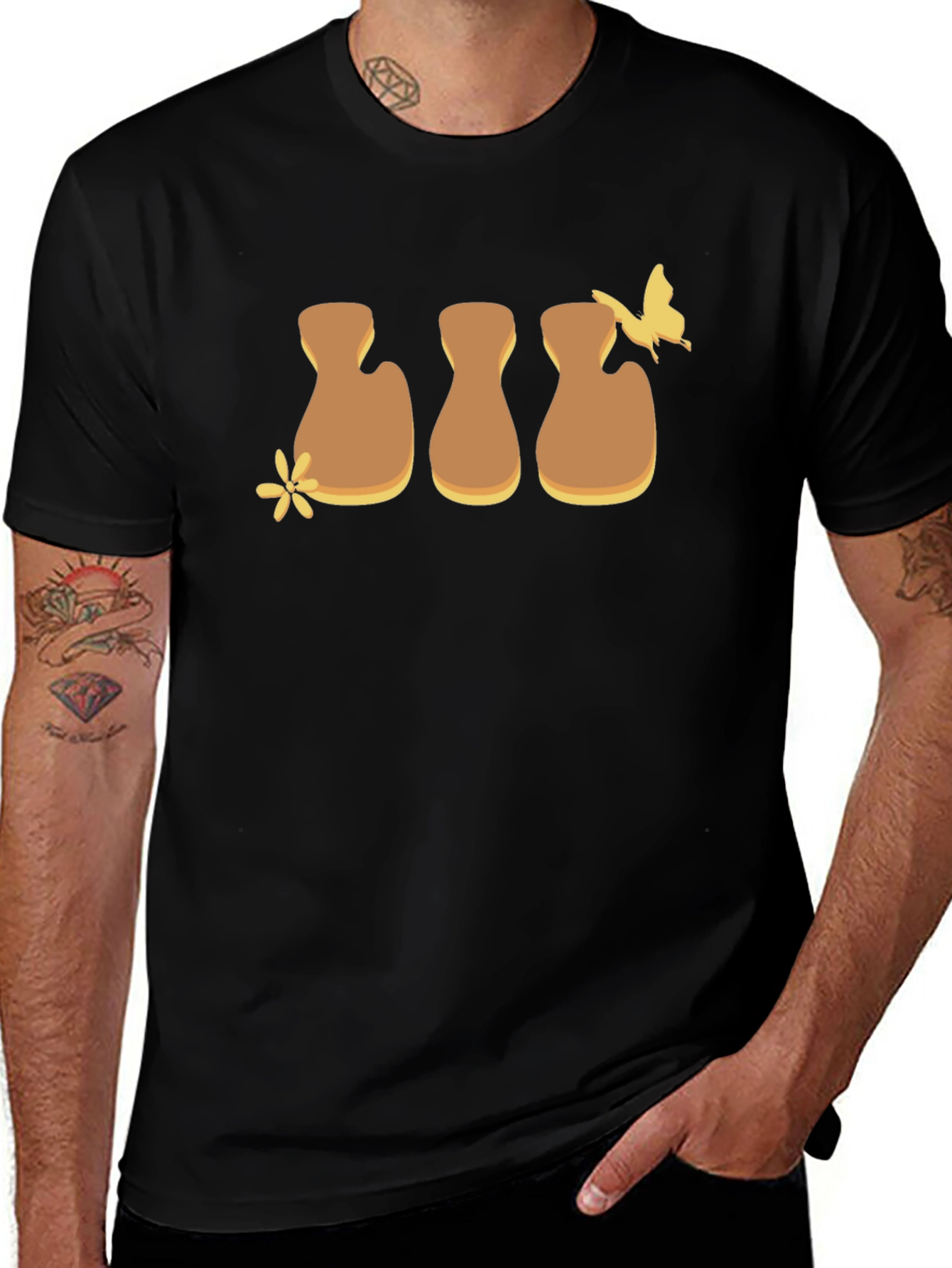 Brown Flower and Butterfly Graphic Black T-Shirt