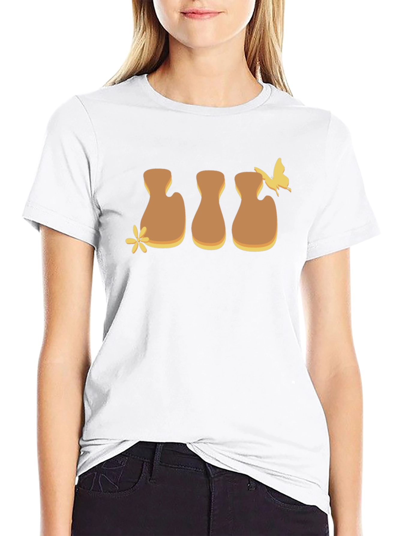Brown Flower and Butterfly Graphic Black T-Shirt