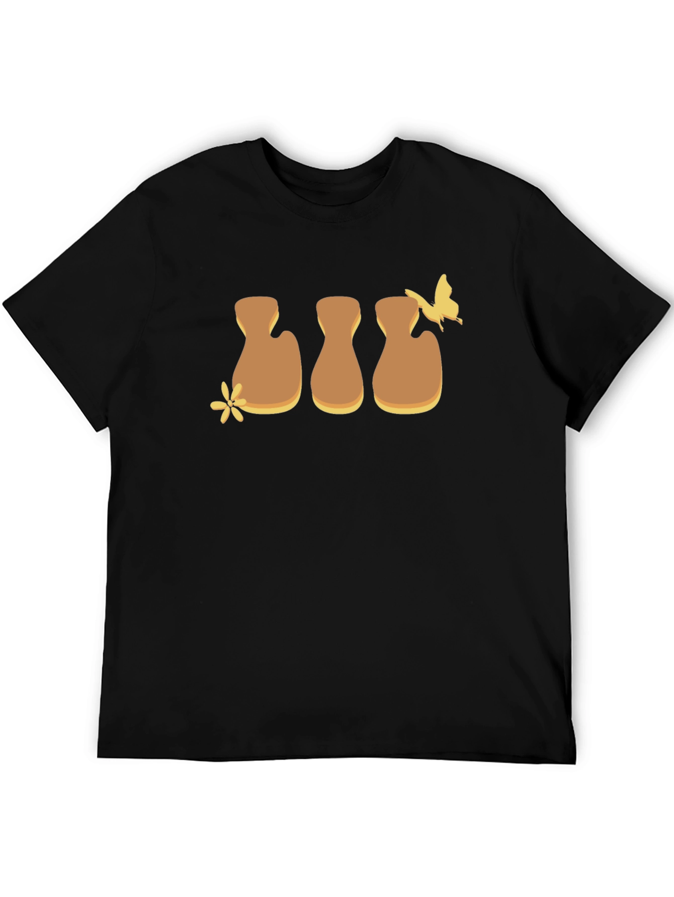 Brown Flower and Butterfly Graphic Black T-Shirt