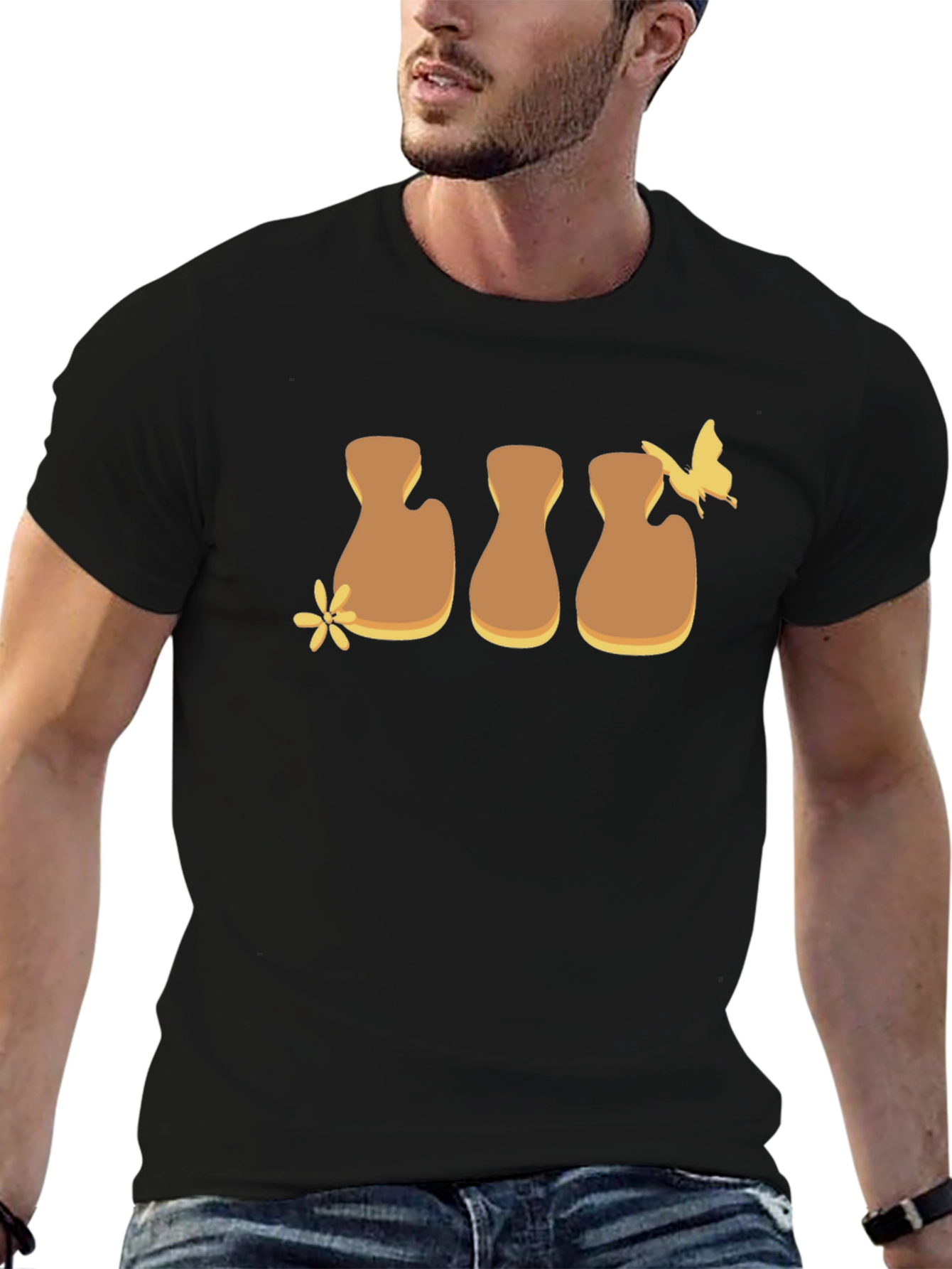 Brown Flower and Butterfly Graphic Black T-Shirt