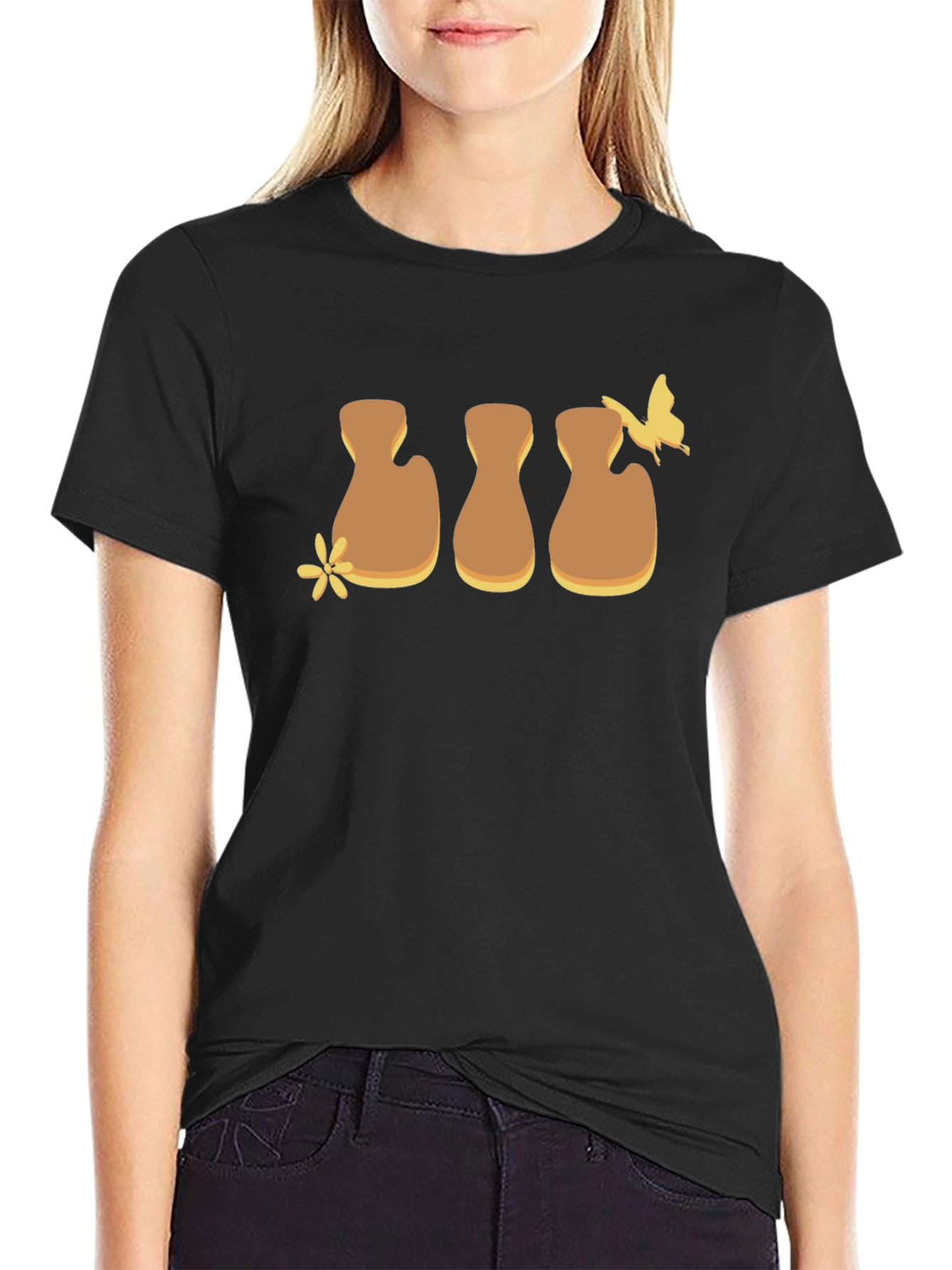 Brown Flower and Butterfly Graphic Black T-Shirt
