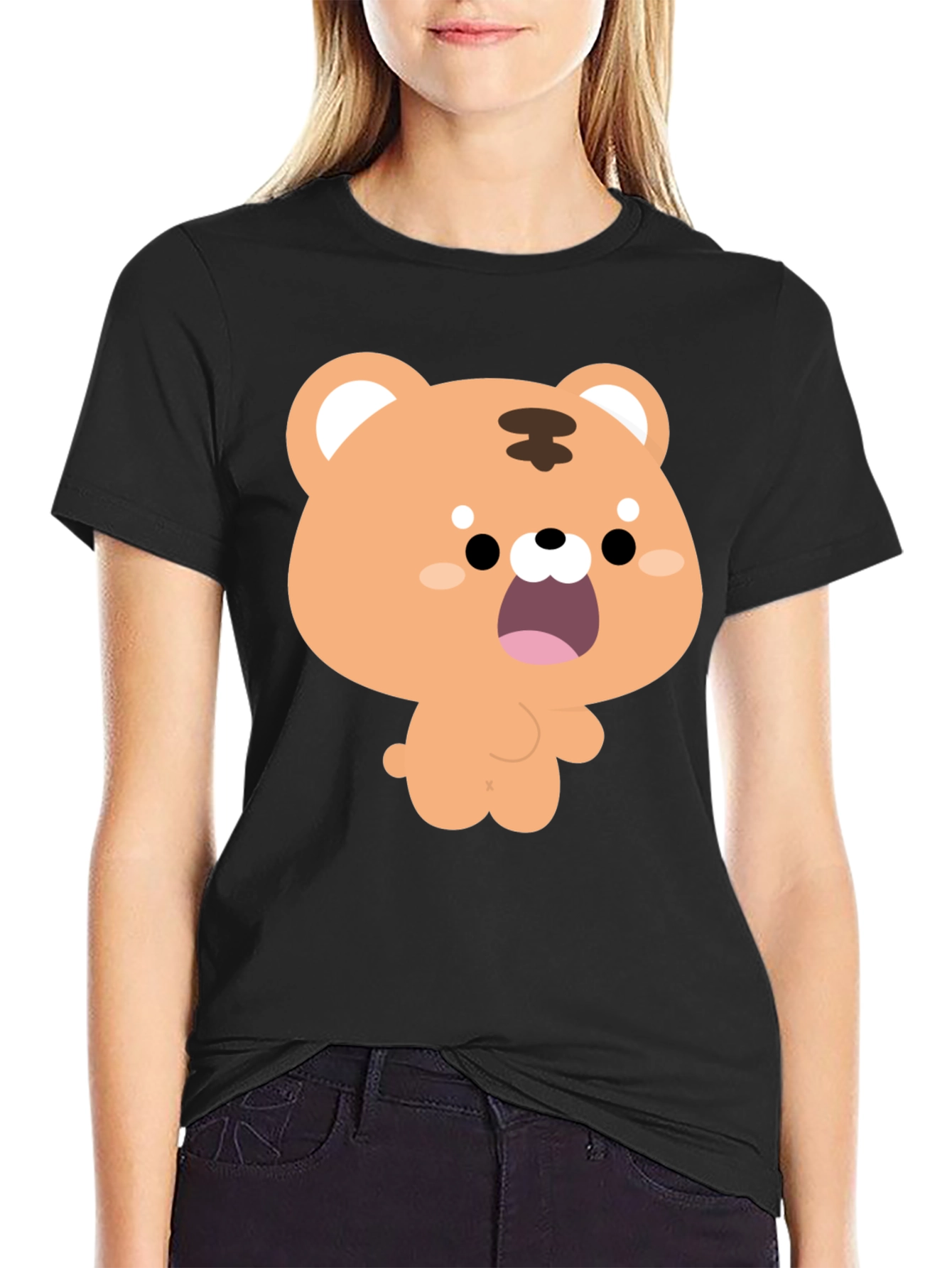 Cute Cartoon Tiger Graphic Black T-Shirt