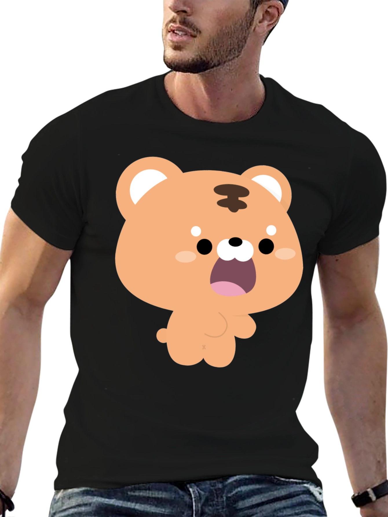Cute Cartoon Tiger Graphic Black T-Shirt