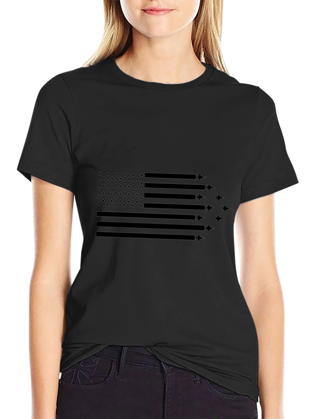 Patriotic American Flag Fighter Jet Graphic T-Shirt